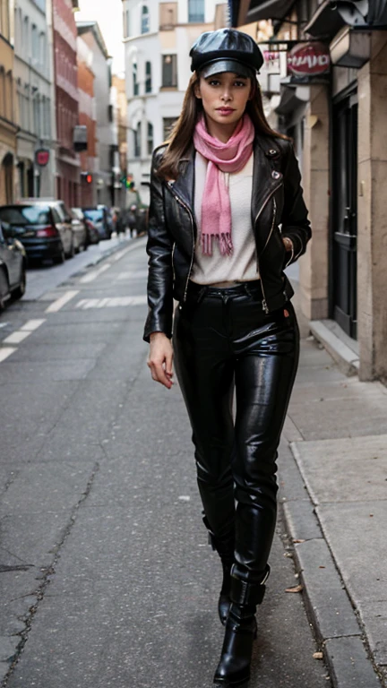 Hyperrealist full body photo, sharp focus, professional photo, Gorgeous, pretty, warm-hearted, kind-hearted, good-hearted, stunning, cheerful, sweet, polite, sensitive, sensible, shiny, charming, stylish, large soft brown haired russian woman, she is wearing a leather biker jacket, skinny trousers, boots, a black newsboy cap and a pink scarf.