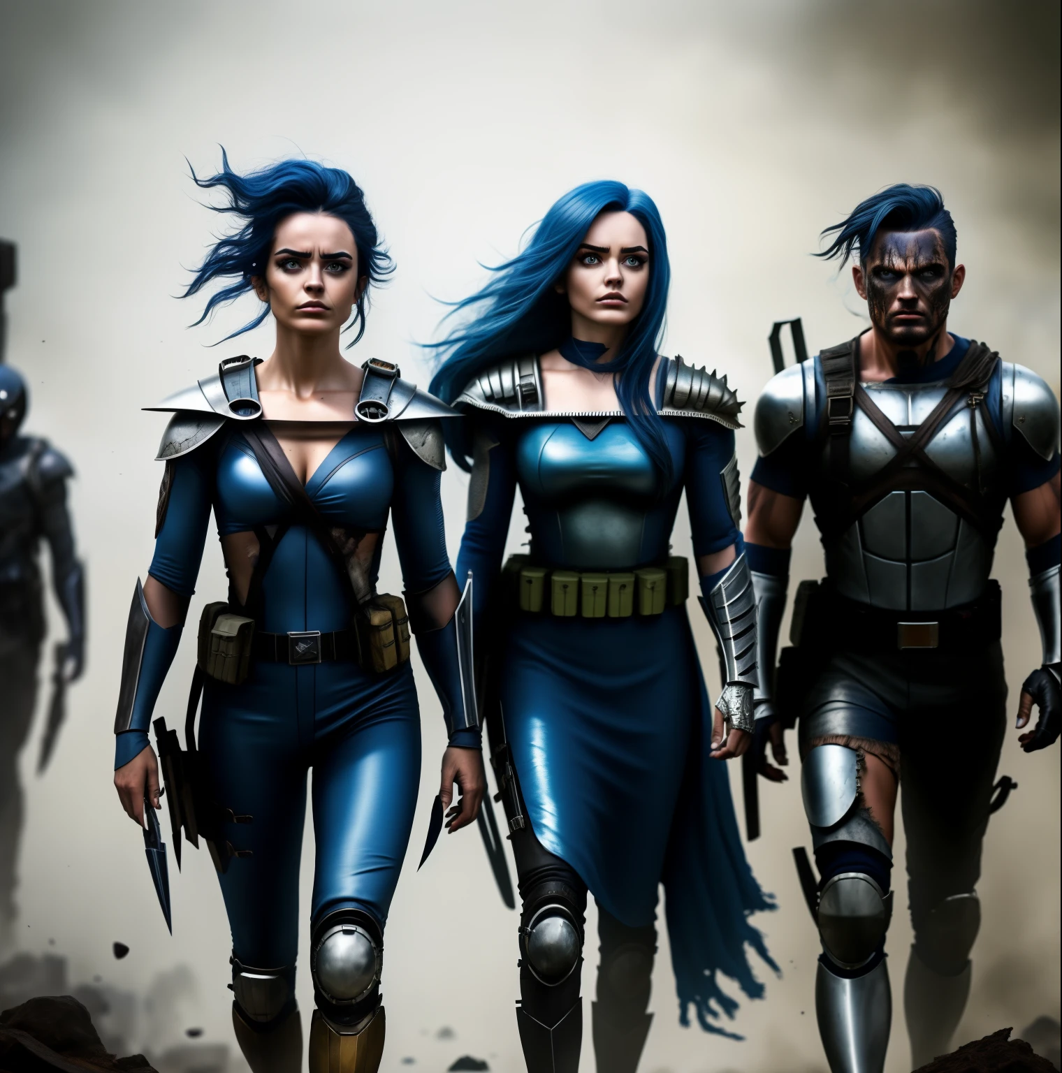 A superhero with dark blue hair, roupas pretas escuras, Brilhante, cabelos dourados, imponente, post apocalyptic scenario, 4k.
