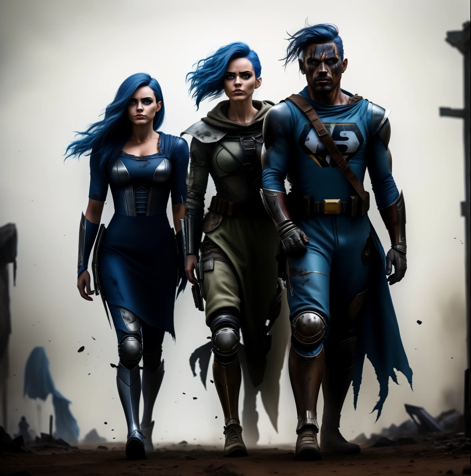 A superhero with dark blue hair, roupas pretas escuras, Brilhante, cabelos dourados, imponente, post apocalyptic scenario, 4k.