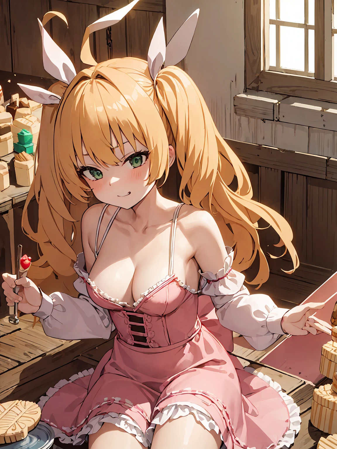 (masterpiece:1.3), (best quality:1.3), high resolution,
Upper body,
lean forward, The body faces forward,
(a cute girl:1.3), alone,
White skin, small breasts, eight-headed person,
Light hair, long hair, red ribbon, fluffy hair, beautiful hair, green eyes, Beautiful and delicate eyes,
Grinning,
frilly dress, pink dress, (shortbread:1.3),
outdoor, Inside the castle, luxury room,
shaded lighting,