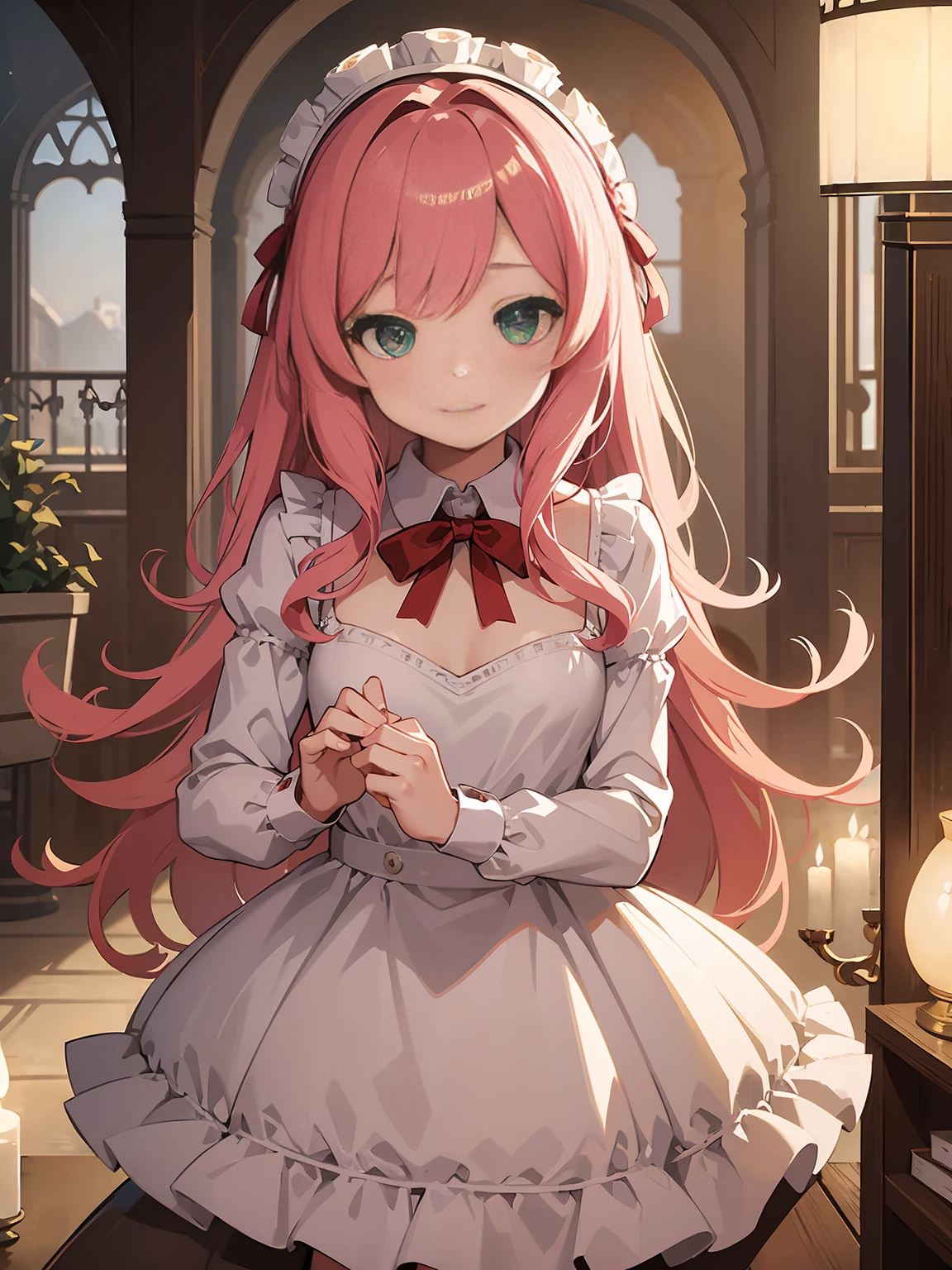 (masterpiece:1.3), (best quality:1.3), high resolution, 


Upper body, 
lean forward, The body faces forward, 

(a cute girl:1.3), alone, 
White skin, small breasts, eight-headed person, 
Light hair, long hair, red ribbon, fluffy hair, beautiful hair, green eyes, Beautiful and delicate eyes, 

Grinning, 

frilly dress, pink dress, (shortbread:1.3), 

outdoor, Inside the castle, luxury room, 

shaded lighting,