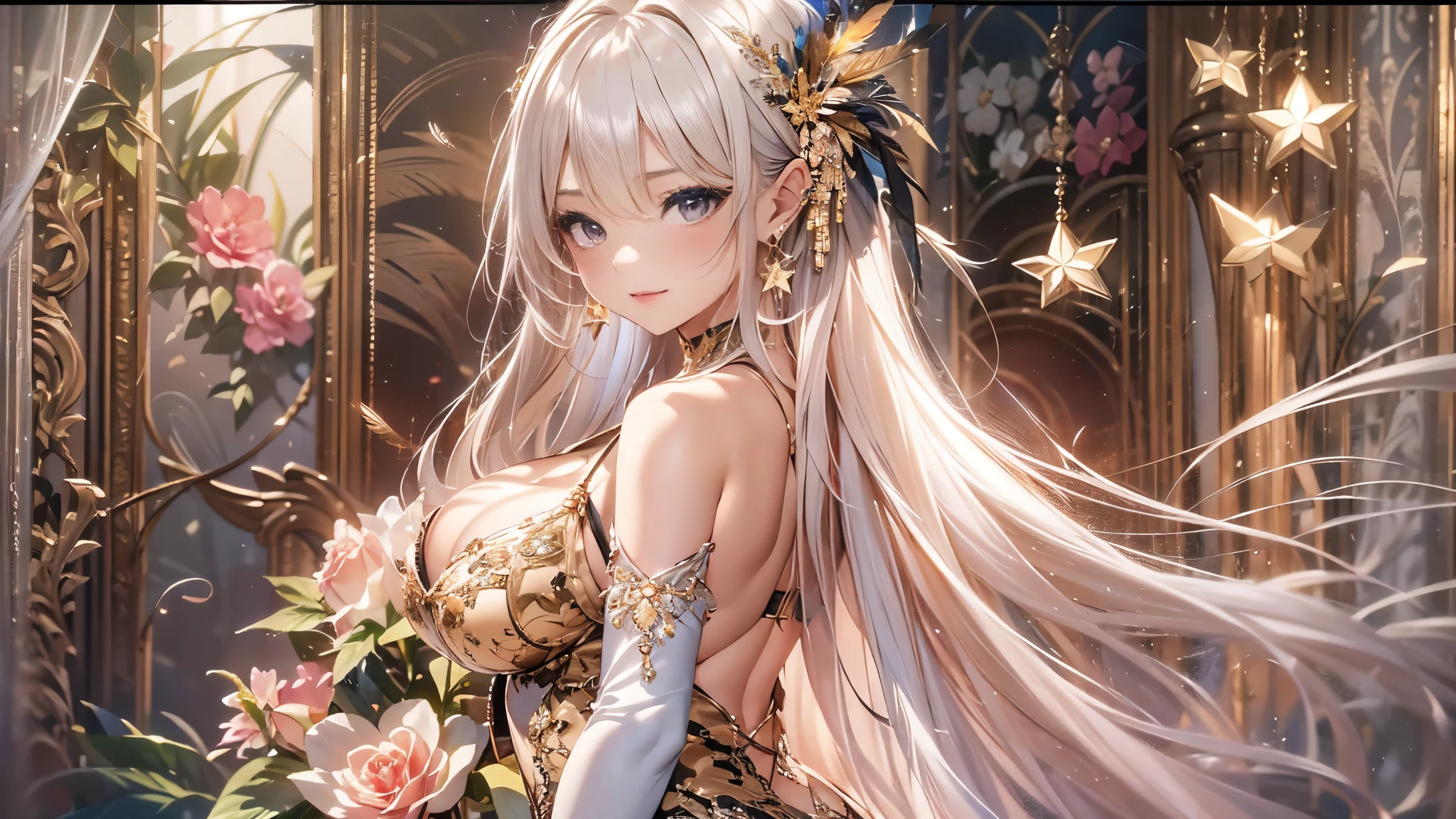 過去最高のmasterpiece、beautiful美しさ, 3D two-dimensional, rich, blonde, skirt, stockings, high heels, star、(Highly detailed CG Unity 8K wallpaper),(masterpiece), (最高quality), (超be familiar with), (best work),(best shadow), (sharp eyeliner, eye shadow, fine eye:1.1), (超High resolution,realistic,最高quality,realistic),(8K,RAW photo,最高quality,star),mature woman、sensual curves、huge breasts、thighs、bubble、お尻のmasterpiece, 最高quality, 超be familiar with, full body shot, mature woman, beautiful mature woman, nightgown and underwear, enchanting smile, thick lips, Chubby lips, blush, looking at the viewer, provocative expression, beautifulhair型, cleavage, Plump、curvy hips、attractive face、sexy lingerie、an inviting gaze、Expression of emotions、Lewd underwear、(((erotic see-through lingerie set)))、Standing position、gorgeous accessories 、big breastsの女性, bare shoulders, 金色のhair, colored feather, metal ornaments, colored flowers, particle, light, (masterpiece, 最高quality, 最高quality, official art, beautiful and aesthetic:1.2), (1 girl:1.5), 非常にbe familiar with,(fractal art:1.1),(colorful:1.1)、(flowers:1.3),most detailed,(zentangle:1.2), (dynamic pose), (abstract background:1.3), (shiny skin), (lots of colors :1.4), ,(earrings:1.4), (feather:1.4),masterpiece, 最高quality, 超be familiar with, 30~40 years, full body shot, beautiful 、さまざまなhair型，gold headband，plump breasts，beautiful，greek clothing，Tulle covers the breasts，perfectly proportioned, detailed clothing details,marble，god statue，cinematic lighting, film grain, 8K, masterpiece, 超be familiar with, high detail, 高quality, High resolution,(((NSFW:1.2)))、exposed chest、Openwork decoration，(((see through dress)))、(((解剖学的に正しいbody))) , 最高quality, 超be familiar with, (((Lewd underwear)))、raise your butt, from below, (((R-18)))、thighs, big breasts, Are standing, cowboy shot, blush, (((1 girl))), (masterpiece:1.3), (High resolution), (8K), (非常にbe familiar with), perfect face, Nice eye and face, (((最高quality))), (超be familiar with), detailed face and eye, (alone), beautifuleye,(((sexy pose)))、(((整ったbig breasts)))、((beautiful eye))、luxury、(((超High resolution)))、(((detailed description)))、(((ぽっちゃりbody型)))、(((解剖学的構造に一致したbodyの部位)))、beautiful長いまつ毛、バランスのとれたbody型,2 feet、Just the right size for your legs and arms、Fishnet tights、glamorous、(((Clear white and black eye)))、lipstick、Sparkling、(Undistorted face, eye, body)、jewelry、gem、(長くカールしたbeautifulまつ毛)、(((バランス良いbeautiful胸)))、(transparent, Exquisite skin:1.2)、(((完璧なglamorousボディー)))、actress face、Super beautiful、Cute smile、Healing beauty、Flower shower、完璧なeye、realistic depiction、Super sexy、glossy、Glamorous、double eyelids、Good dark makeup、makeup、ぼやけていないeye , expensive_quality, expensive_solve, masterpiece*I wore, whitespace, colorful, 1 girl, alone, white_hair, prism hair, [pink|green] eye, gradient eye, multicolored eye, shine eye, shine, Sparkling, shine white particles, Alone、one shot、adorable、Plump、Glossy and exquisite skin、はっきりしたeye鼻立ち、realistic eyes、whiteい肌, real human skin, (be familiar with), oval face, pore,  (8K, Raw photo, realistic: 1.4), one girl,  (Gentle and Goddess-like Eyes) happiness: 1.2), (lip gloss, eyelash, gross face, 最高quality, 超High resolution, wide lighting, natural shading)