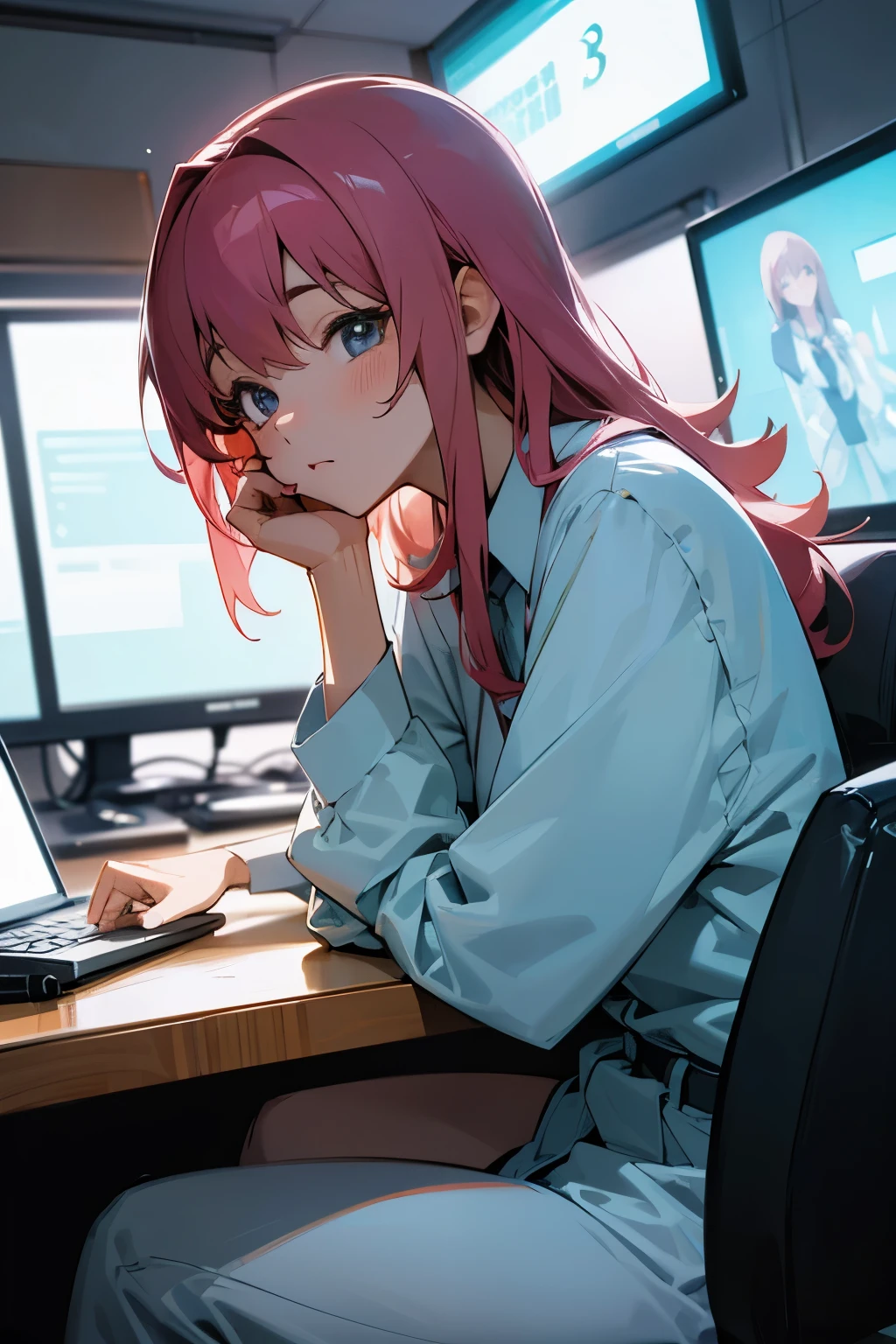 A high-resolution, dynamic image of a 30-year-old anime-style woman wearing a yukata working from home while skillfully operating a computer while drinking alcohol.