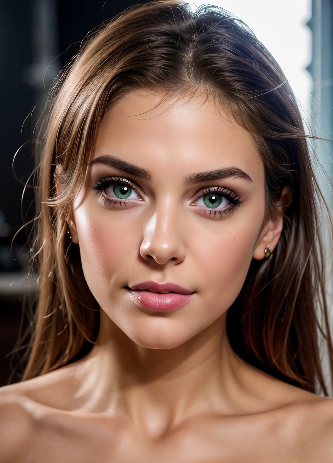 (best quality,realistic:1.2),ultra-detailed,bulgariangirl,girl,brownhair,greeneyes,beautiful,sexy,stunning, detailedeyes,detailedlips,nicesmile, seductivestare,sexy pose,portrait,realisticportraiture,attractive model,vividcolors,sharpfocus,studio lighting