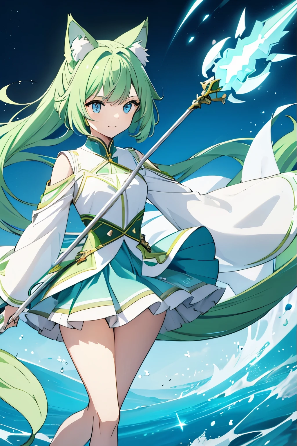 woman with long light green hair Cat ears, long fluffy tail Use the power of the wind element Uses a long spear, has a playful personality, smiles all the time, blue eyes, white clothes, light blue short skirt. 