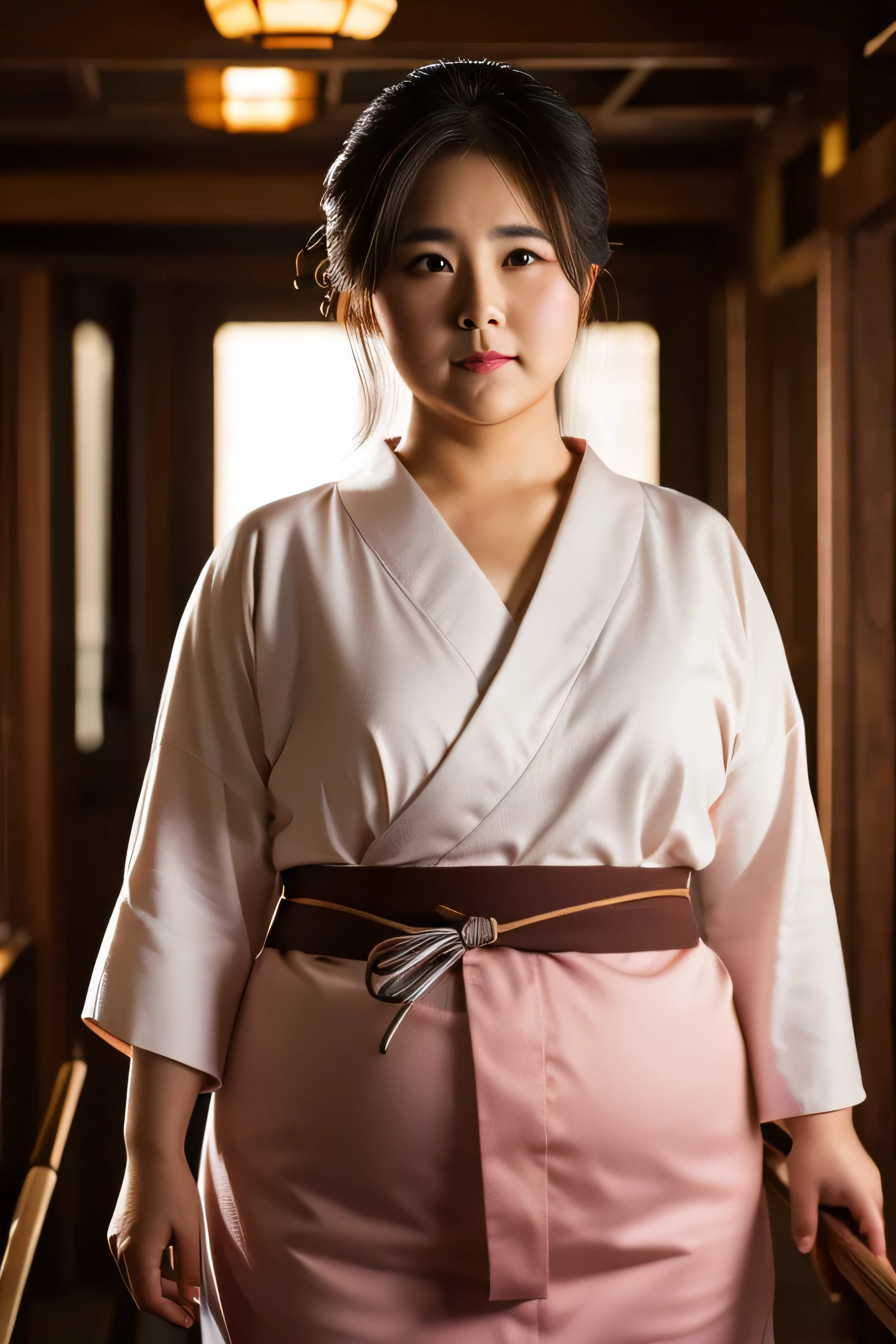1 female, Overweight, kyudo, extremely fat, Chubby, Japanese, 4K, High resolution, masterpiece, highest quality, fine skin, sharp focus, (cinematic lighting)