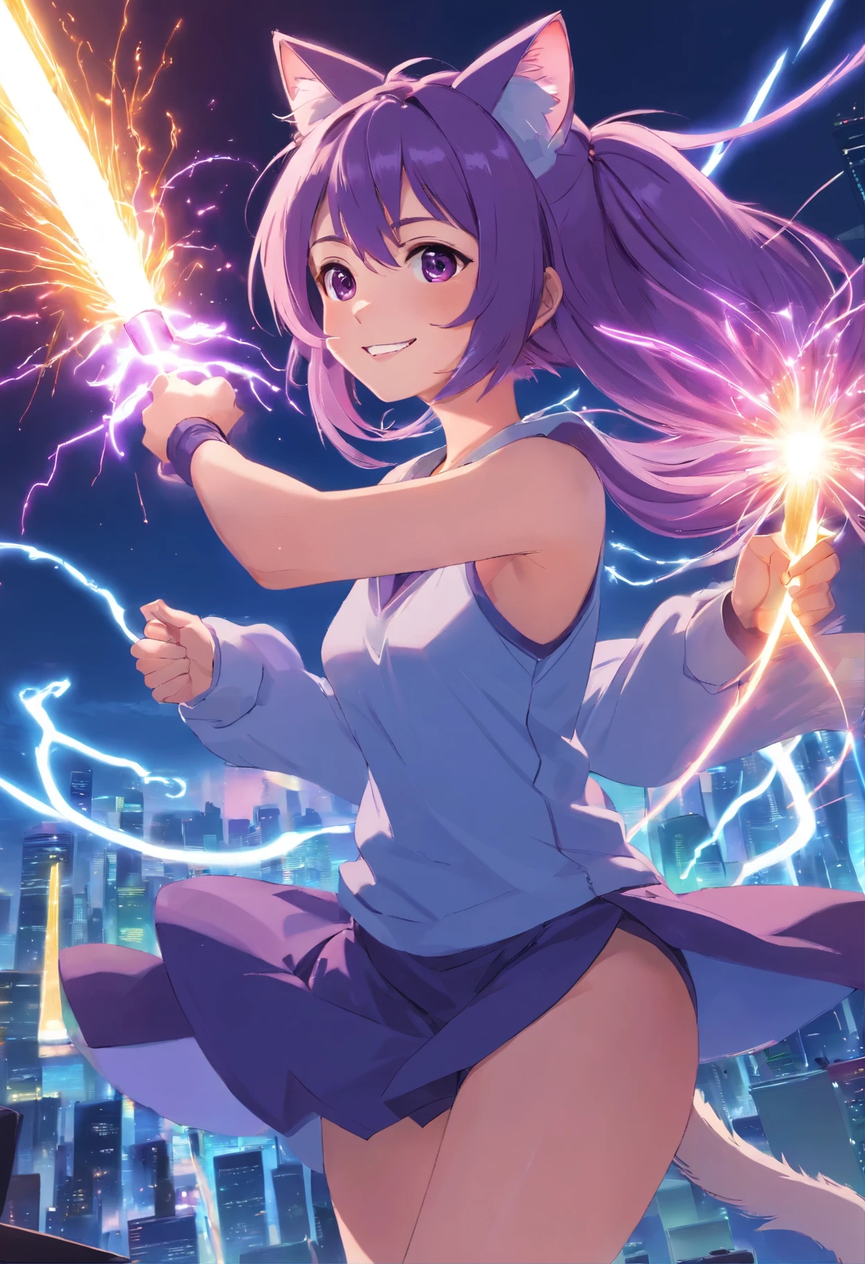 Woman, long purple hair, cat ears, long fluffy tail Use the power of electricity Use a long spear. Always smiling 