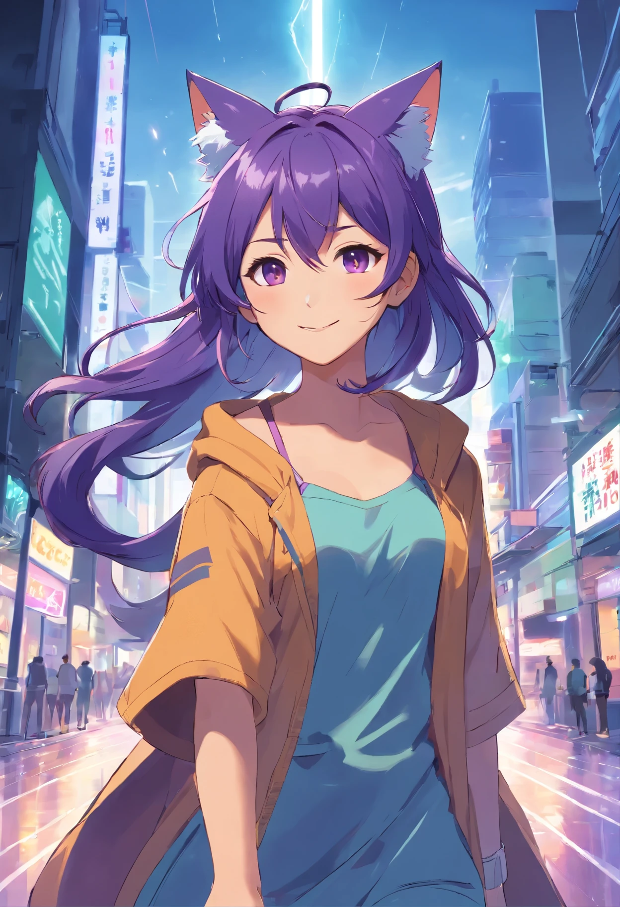 Woman, long purple hair, cat ears, long fluffy tail Use the power of electricity Use a long spear. Always smiling