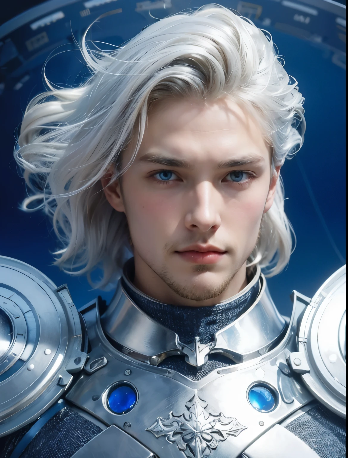 beautiful men。Late twenties。blonde blue eyes。growing hair long。Wearing beautiful silver-white armor。A man is in a spaceship。
