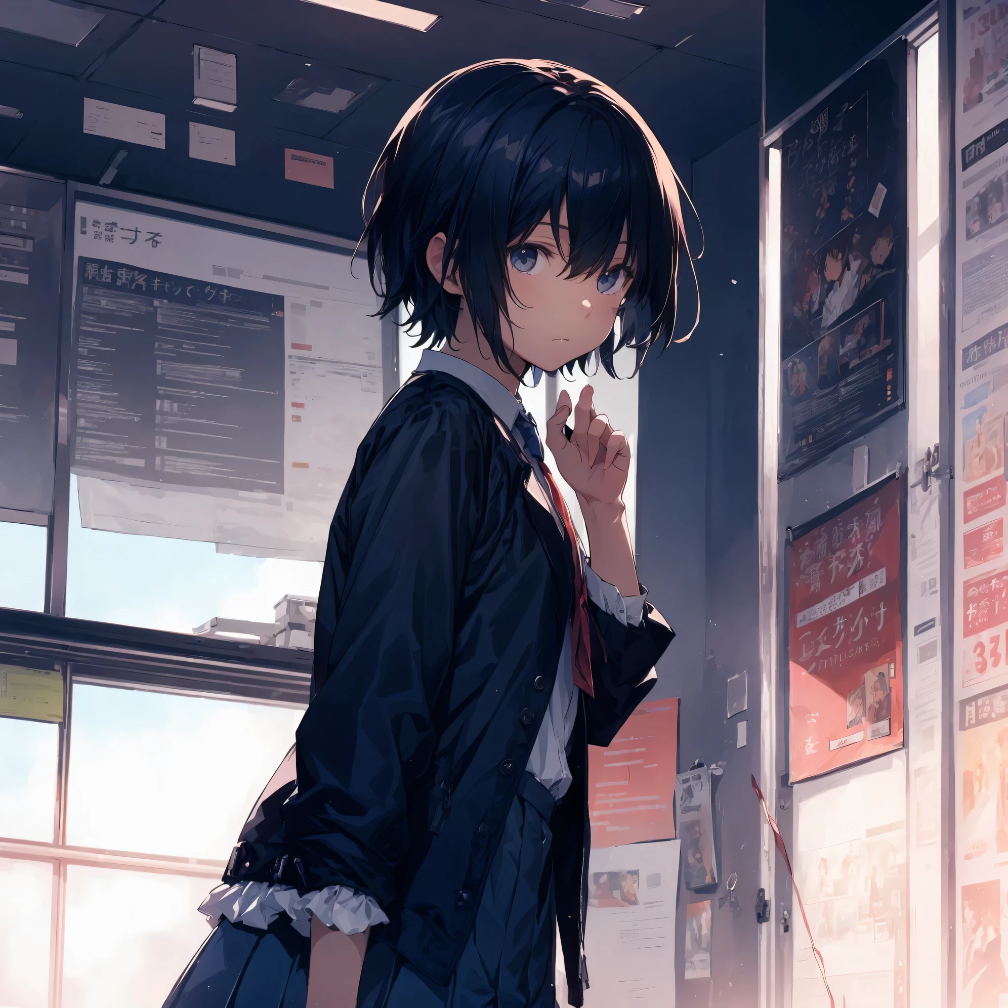 Super high quality by the art god, super detailed, High resolution, Shinkai Makoto style, anime moe art style, best anime 8K konachan wallpaper, pixiv contest winner, perfect anatomy, break,(眠そうにalone学校へ行く女の子を描いてください. ),break, surreal high school girl, (alone,lolita, , 13 years old:1.3),All limbs, full finger,, androgynous charm, (very short hair), messy hair, flat chest, , small ass, between legs, Small black eyes,hanme,beautiful and fine eyes, Well-proportioned iris and pupils, disgusted eyes, High resolutionの詳細な髪, wearing school uniform, (skirt), On the way to school. break,super dense skin, Best lighting by famous artists, 8K, figure,surrealism, UHD, rough skin