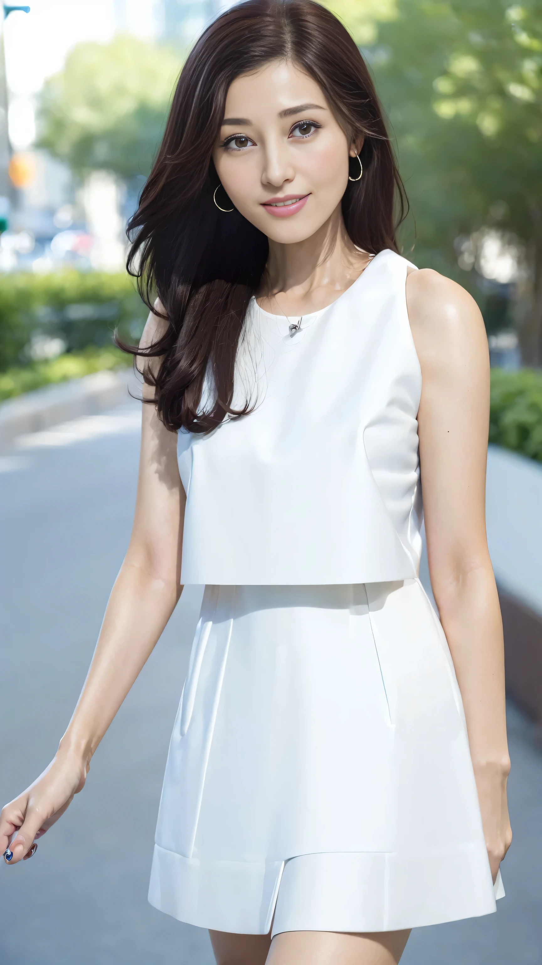 ((top quality、8k、Masterpiece:1.3))、1 girl in、a smile、Full body female love、face slimming、beautiful woman、(dark brown hair)、Sunlight、White long skirt:1.1、Super detailed face、exquisite eyes、double eyelids、blurred background、face slimming、New York Manhattan、take out、a street、