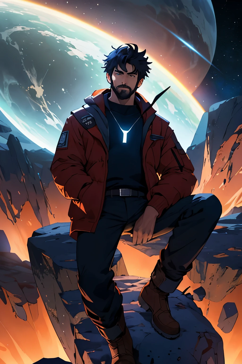 Draw a young programmer, sitting on a research platform floating in the middle of an asteroid belt. He is studying with a notebook, surrounded by several asteroids glowing with fiery auras. Dramatic lighting from distant stars and planets illuminates the scene, casting deep shadows on the suit. The young man looks confident and determined, looking at the vast and mysterious universe with wonder and respect,facial hair, cowboy shot. add red ambience, hand in pockets