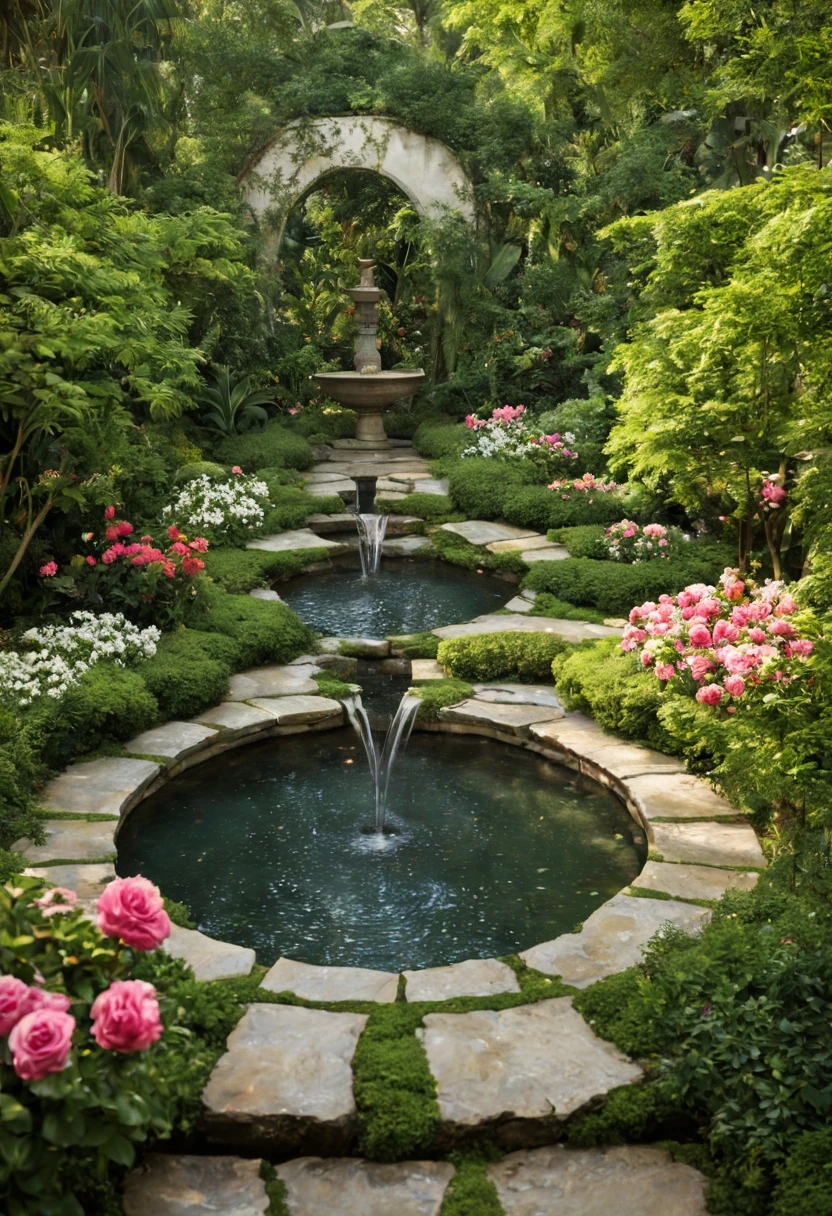 A serene garden resort, a labyrinth of greenery and blooms, stone pathways leading to hidden alcoves, the sound of a trickling fountain harmonizing with the chorus of birds, the air perfumed with the scent of jasmine and roses, a tableau of natural beauty and tranquility, inviting onlookers to step into a living painting of repose.