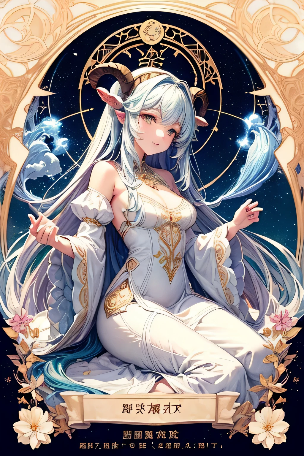 high quality, very detailed, Personification of constellations、goat, beautiful woman with sheep'horn、white fluffy dress、Style like a horoscope card、Mysterious, Alphonse Mucha'art nouveau line, awesome full color,