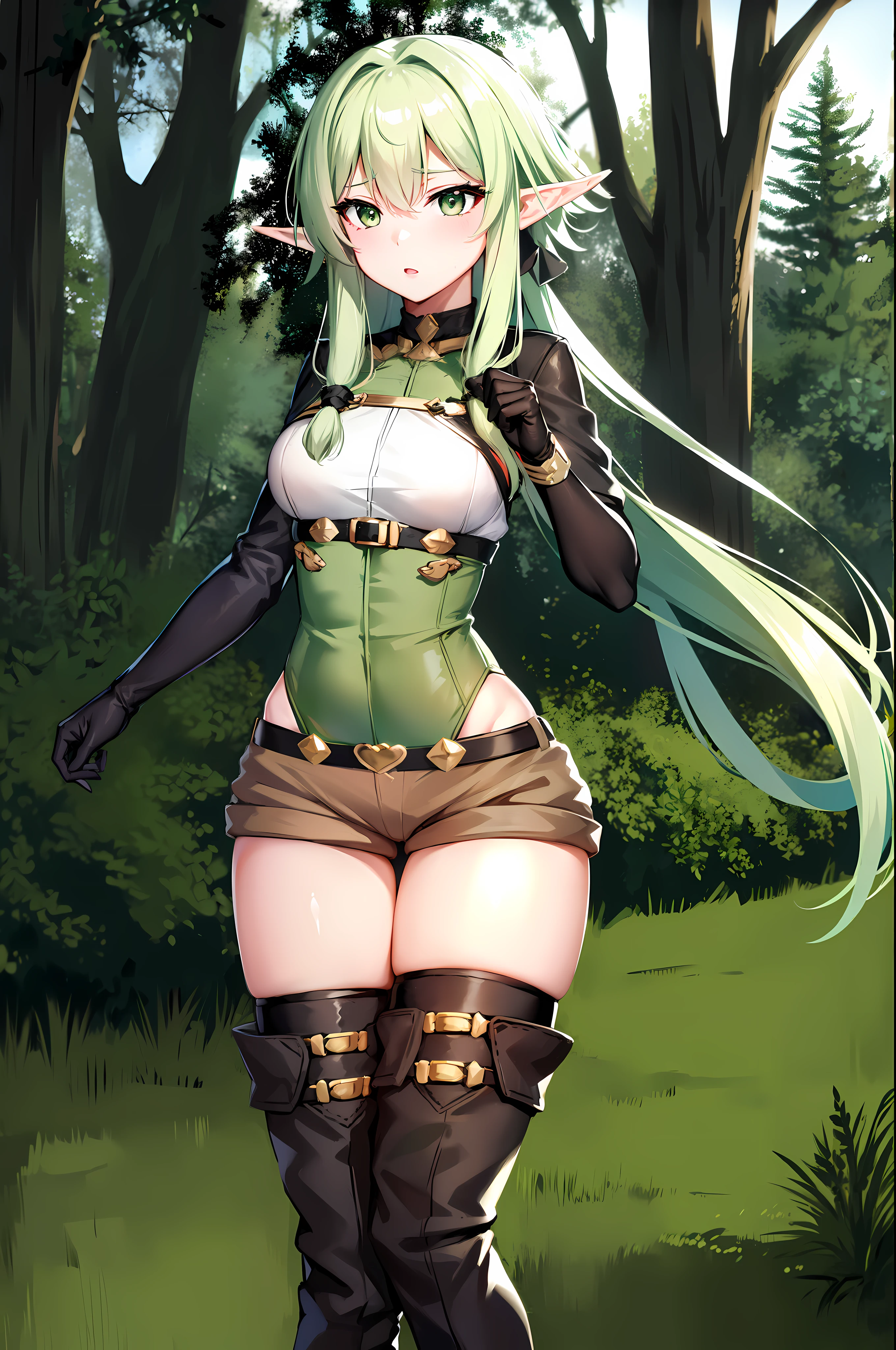 highelfarcher, high elf archer, elf, (green eyes:1.5), Green hair, hair between eyes, long hair, pointy ears, side lock, break asymmetrical clothes, boots, elf, Gloves, green thighs, high heel, shorts, thighs, break looking at viewer, break outdoors, (forest_background:1.3), break (masterpiece:1.2), best quality, high resolution, unity 8k wallpaper, (illustration:0.8), (beautiful and delicate eyes:1.6), very detailed face, perfect lighting, Highly detailed CG, (perfect hands, complete anatomy), (sexy:1.4), (cute_chest), alone, 1 woman , deer