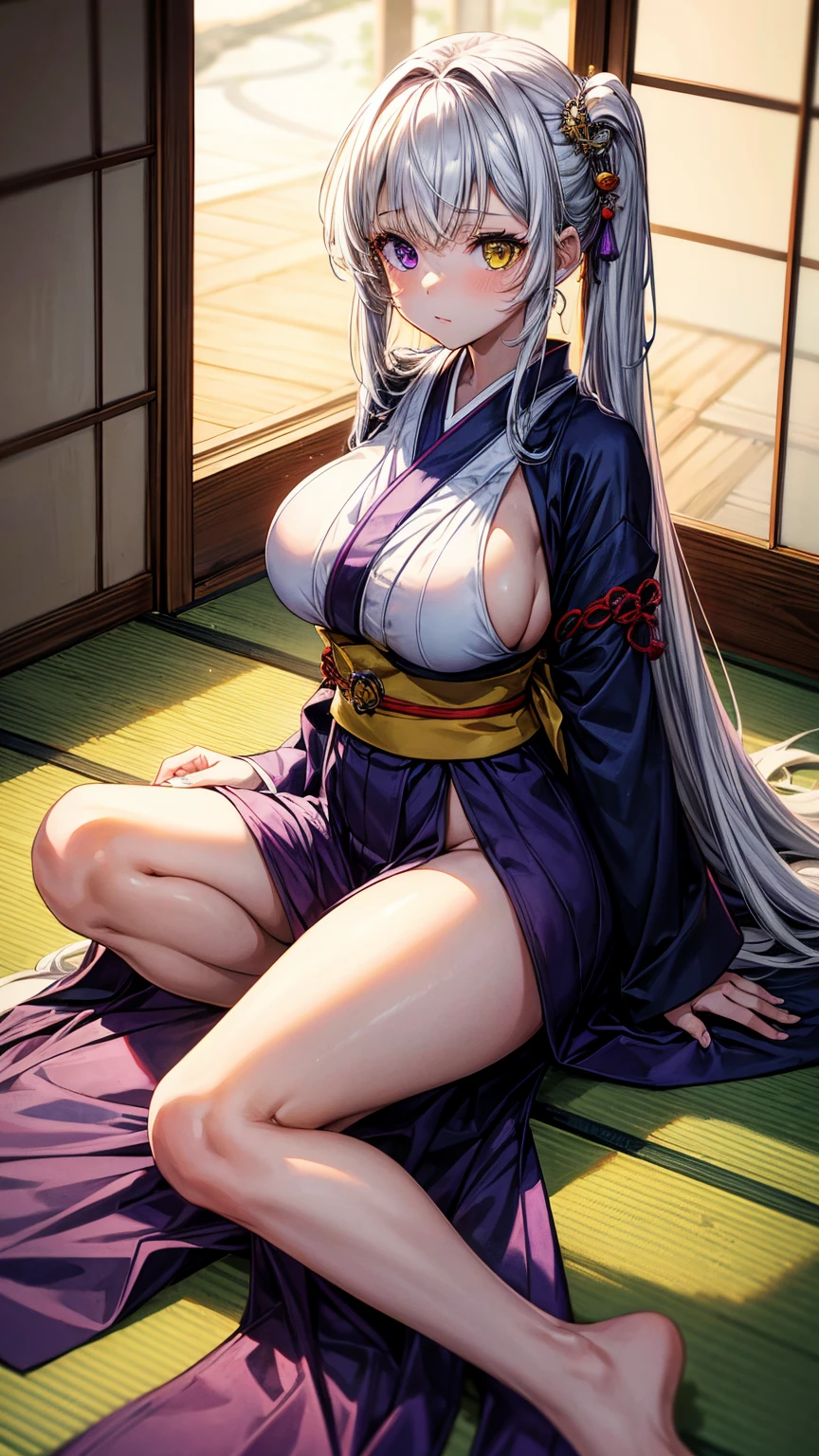 Sfw,1girl,solo,female photo,Sitting on the floor,(heterochromia,purple eye,yellow eye),((big breasts)),beautiful face, navy long hair,Japanese kimono,mysterious mood,in the Japanese room,best quality, high quality, masterpiece, HD,4K,8K 