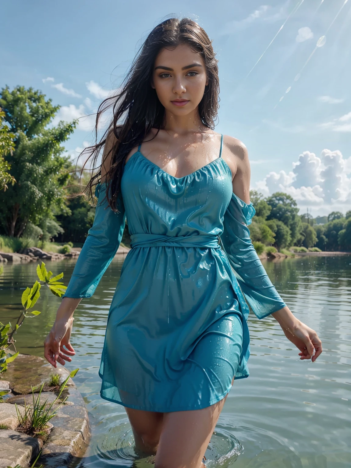 woman in a blue dress standing in a body of water, gorgeous woman, very beautiful elven top model, teal tunic, gorgeous lady, closeup fantasy with water magic, stunning elegant pose, green tunic, flowing dress, cute woman, beautiful female model, beautiful goddess, summer season, wearing a dress made of water, veridian dress, stunning woman, varied poses, rainfall, soaked, dripping wet, sunlight