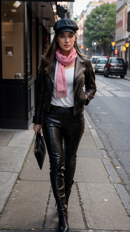 Hyperrealist full body photo, sharp focus, professional photo, Gorgeous, pretty, warm-hearted, kind-hearted, good-hearted, stunning, cheerful, sweet, polite, sensitive, sensible, shiny, charming, stylish, large soft brown haired russian woman, average height, curvy shaped body, she is wearing a leather biker jacket, skinny trousers, boots, a black newsboy cap and a pink scarf.