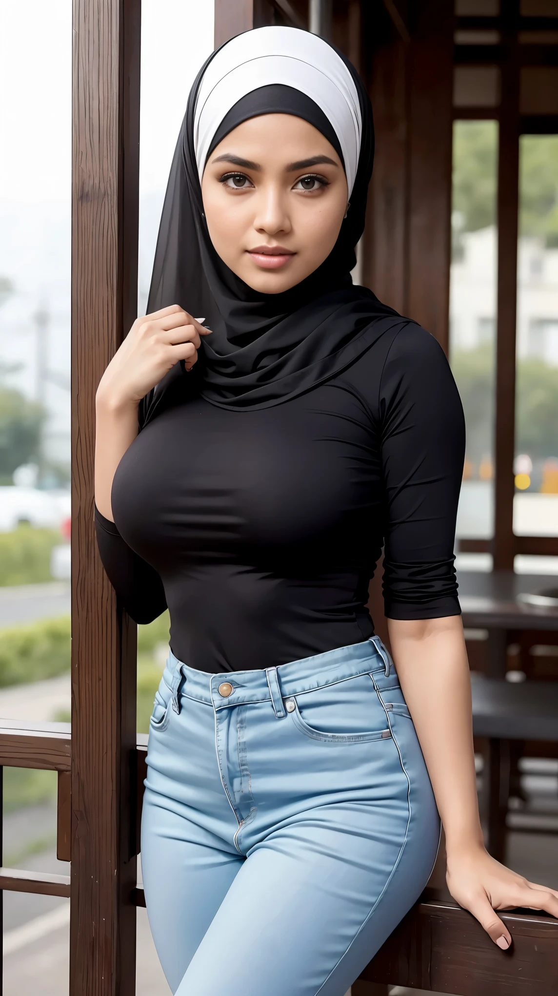 RAW, Best quality, high resolution, masterpiece: 1.3), beautiful Malay woman in hijab, Masterpiece, perfect slim body, big breasts, beautiful big eyes, Soft smile, wearing a dark blue tight t-shirt, casual trousers, necklace, walking around evening, City park, Great lighting, Bright colors, Bright lines