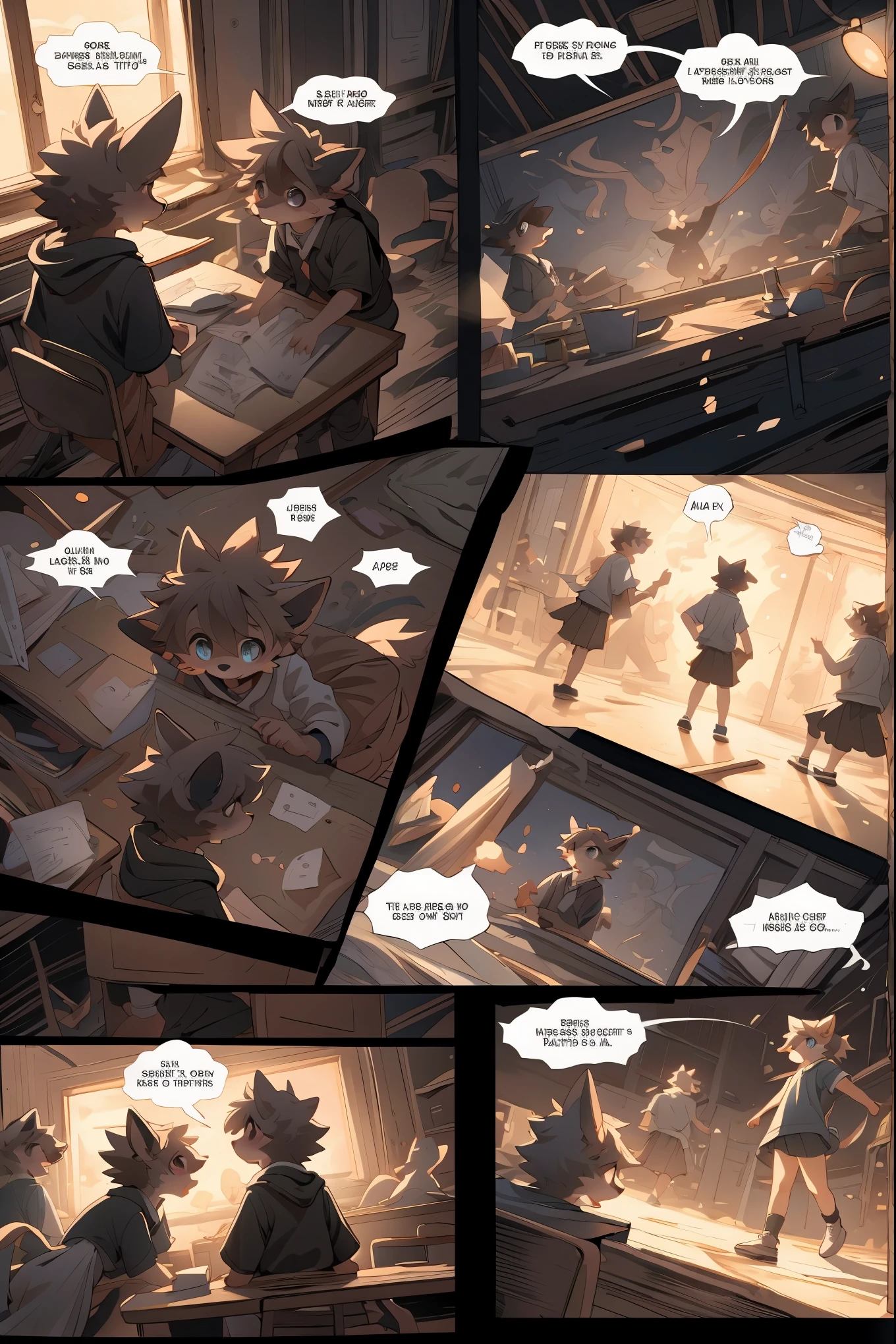 top quality, best quality, highres, masterpiece, super high resolution, detailed background, School, class, 6+boys, 6+girls, absurdres(highly detailed beautiful face and eyes)perfect anatomy, good lighting, cinematic shadow(kemono, furry anthro)assorted expressions, assorted poses, assorted angles, full body, upper shot, dynamic angle,(girls comic-like panel layouts, speech balloon, English text, Hand-drawn sound effects stickers used in girls comic),