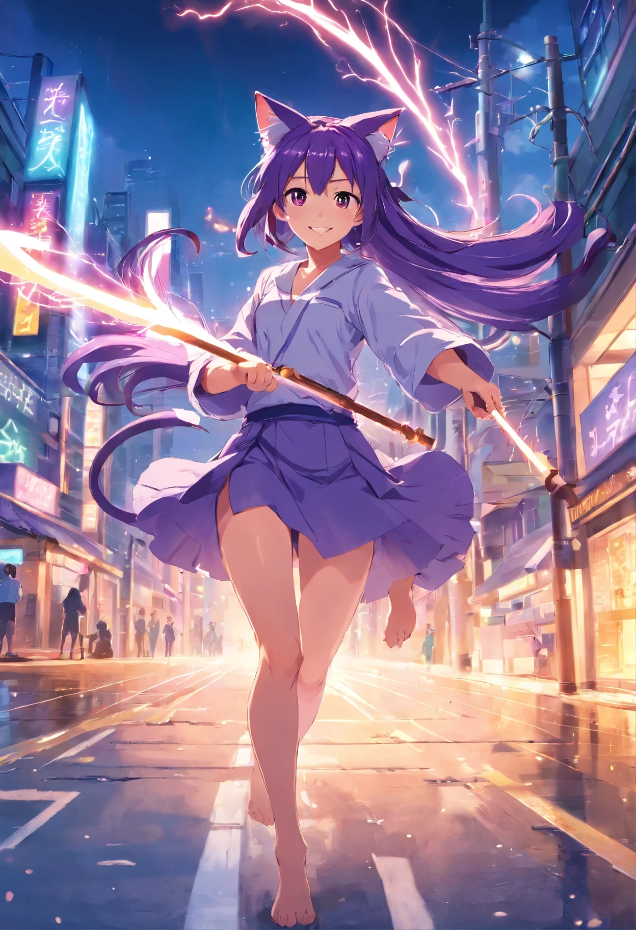 Woman, long purple hair, cat ears, long fluffy tail Use the power of electricity Use a long spear. Always smiling 