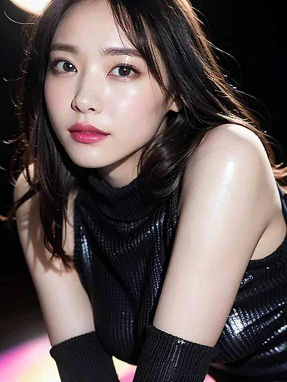 8K, RAW photo, realistic: 1.25), (lip gloss, eyelash, shiny face, Glossy skin, highest quality, ultra high resolution, Depth of bounds written, chromatic aberration, caustics, Moisturized lips, Ultra cropped face, Shining Detail Eyes, black hair, semi-long, Snazzy, Tight knit dresses, Sheer,whole body