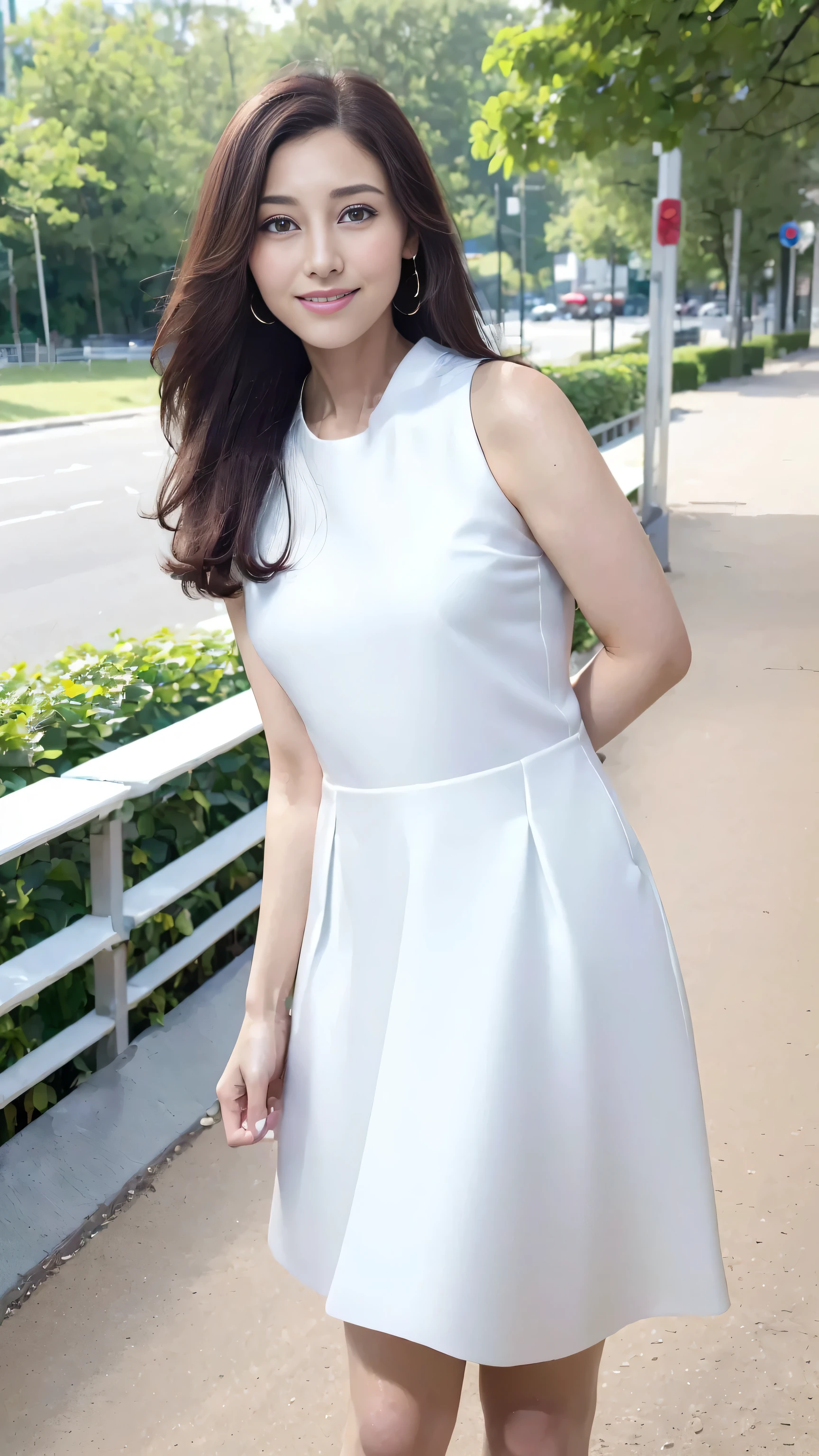 ((top quality、8k、​Masterpiece:1.3))、1 girl in、a smile、Full body female love、face slimming、beautiful woman、(dark brown hair)、Sunlight、White long skirt:1.1、Super detailed face、exquisite eyes、double eyelids、blurred background、face slimming、New York Manhattan、take out、a street、