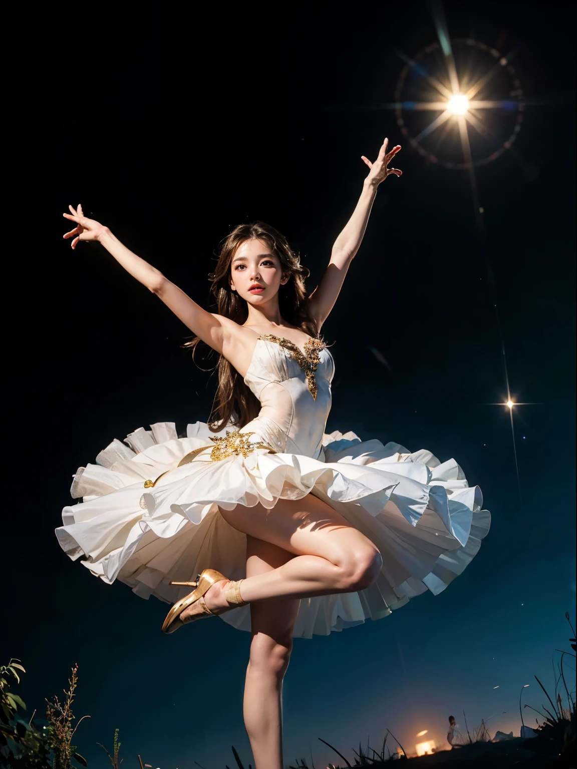 fantasy, high quality, 8K, realistic,photo realistic,RAW photo,photography,High resolution, ultra-definition, highest quality,Dramatic lighting, glitter effect, from below, midnight, moonlight, ballet、Swan Lake、ballet swan lake、Lake in the deep forest、full body、break, A prima donna girl gracefully dances ballet in the moonlight on a mysterious lake.、dynamic pose, raise both arms up、big long horizontal jump、Jump with your legs wide apart、(Stretch your right leg straight out in front of you)、(Extend your left leg straight behind you)、Lonely、1 girl、((luxurious and delicate white tutu)),semi-long hair,black hair,black eyes、beautiful feet、Ballet Pointe Shoes, Peeking from below、Straddling the camera、