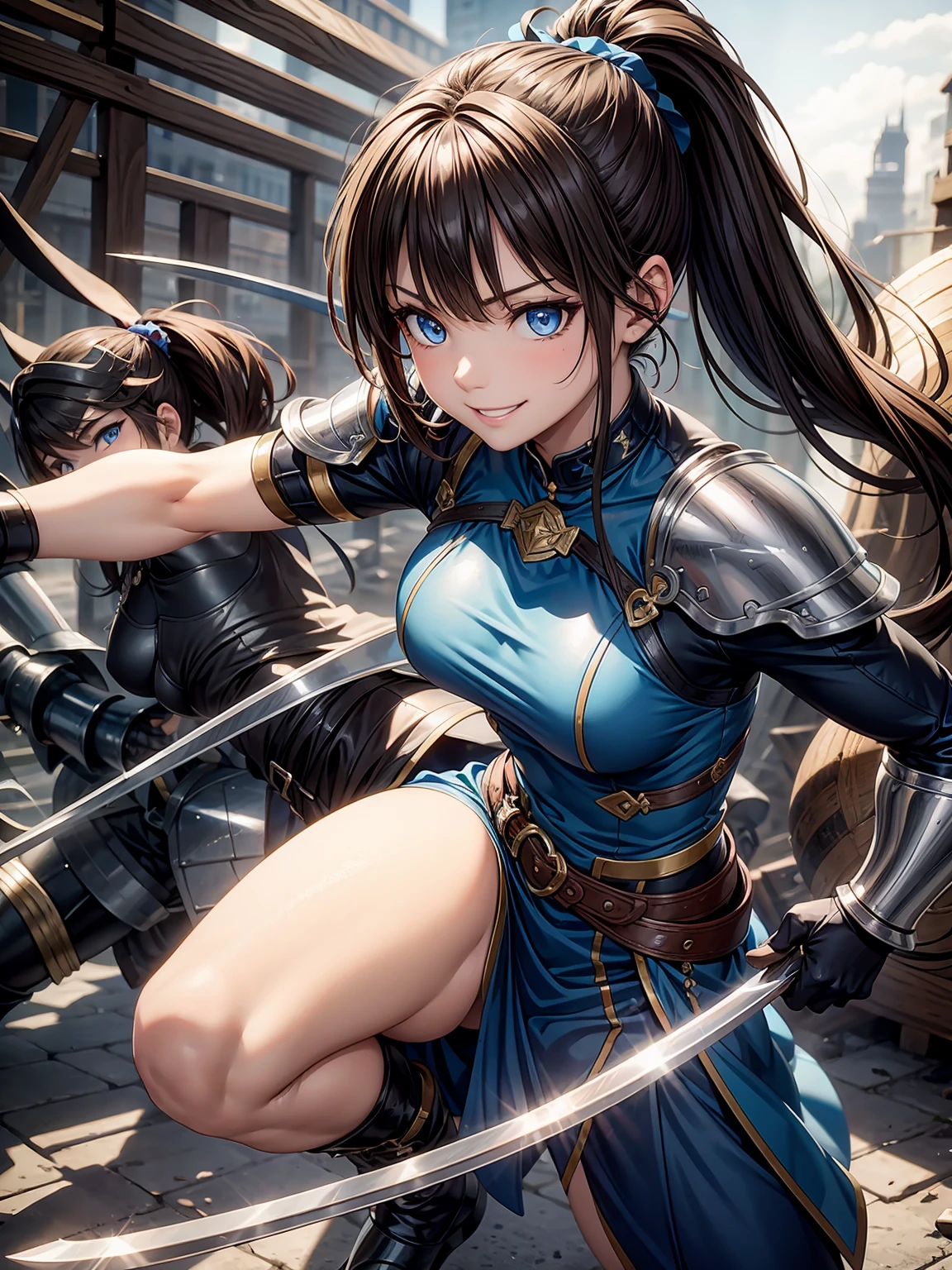 beautiful features、Japanese、brown hair、((ponytail、deep blue eyes:1.2))、shiny and smooth hair, thick bangs、(a teasing smile:1.2), highly detailed face and eyes, highest quality, ultra high resolution, Super realistic oily shiny skin, Super detailed, 8K, RAW photo, perfect anatomy、Depth of bounds written、 Western knights、steel armor、big sword、((battle scene:1.3))