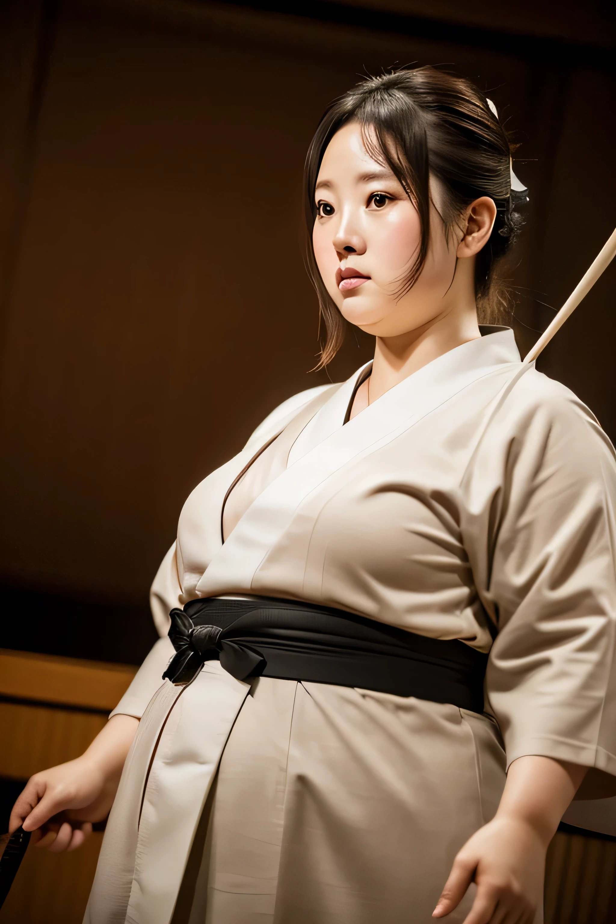 1 female, Overweight, kyudo, extremely fat, Chubby, Japanese, 4K, High resolution, masterpiece, highest quality, fine skin, sharp focus, (cinematic lighting)