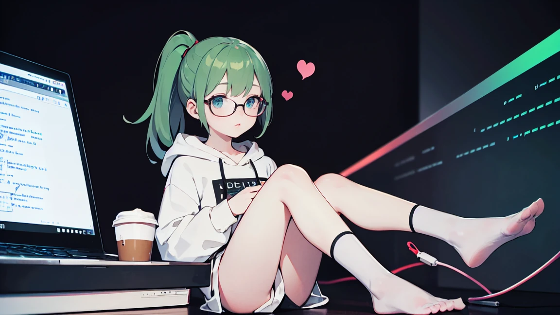 (Best quality, 4K, a high resolution, masterpiece: 1.2), (Heart: 1.2),  ultra detailed, Realistic: 1.37, soft lighting, Beautiful detailed eyes and lips, alone girl, dark green hair high ponytail, tired, bare legs, you can see the whole body from head to toe, wears a light white oversized long hoodie, glasses, without pants, feet white socks, black abstract background with green lines of code, coding, programming, laptop, coffee, energy drinks, books, computers, servers, wires, RGB