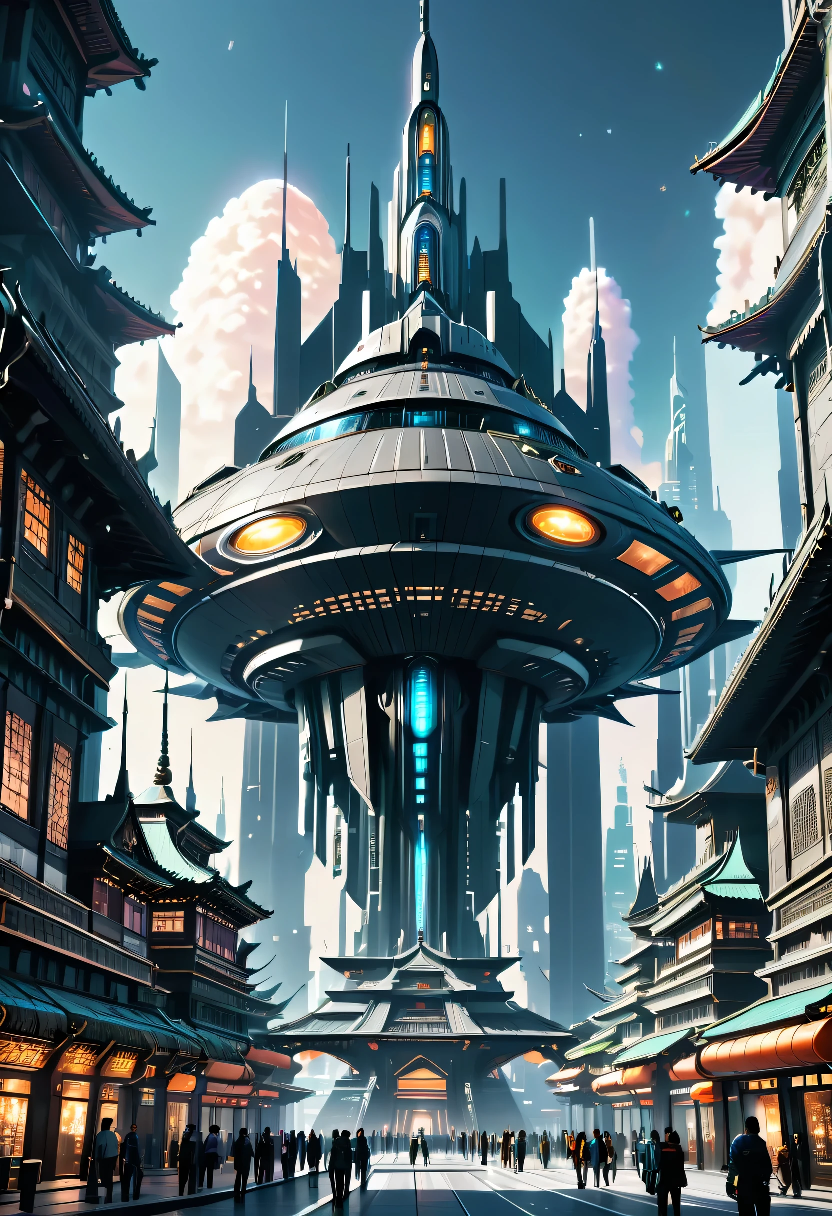 A futuristic city，A futuristic spaceship flew over it, Sci-fi fantasy wallpaper, in fantasy sci - fi city, greg beeple, huge futuristic temple city, Sci-fi fantasy desktop wallpaper, Beautiful city of the future, Science fiction city, sci fi city, empyrean city, otherwordly futuristic city, amazing wallpapers, Science fiction world