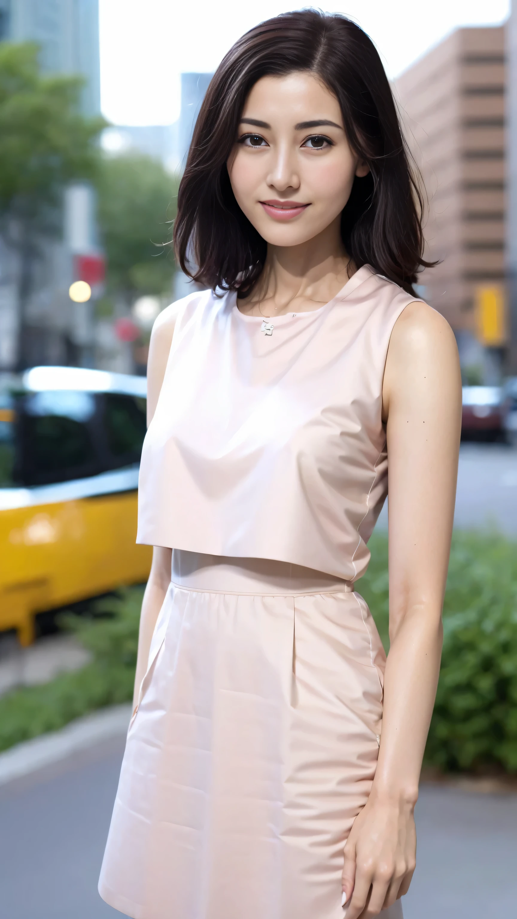 ((top quality、8k、Masterpiece:1.3))、1 girl in、a smile、Full body female love、face slimming、beautiful woman、(dark brown hair)、Sunlight、Sexy white dress:1.1、exposed,Super detailed face、exquisite eyes、double eyelids、blurred background、face slimming、New York Manhattan、take out、a street、