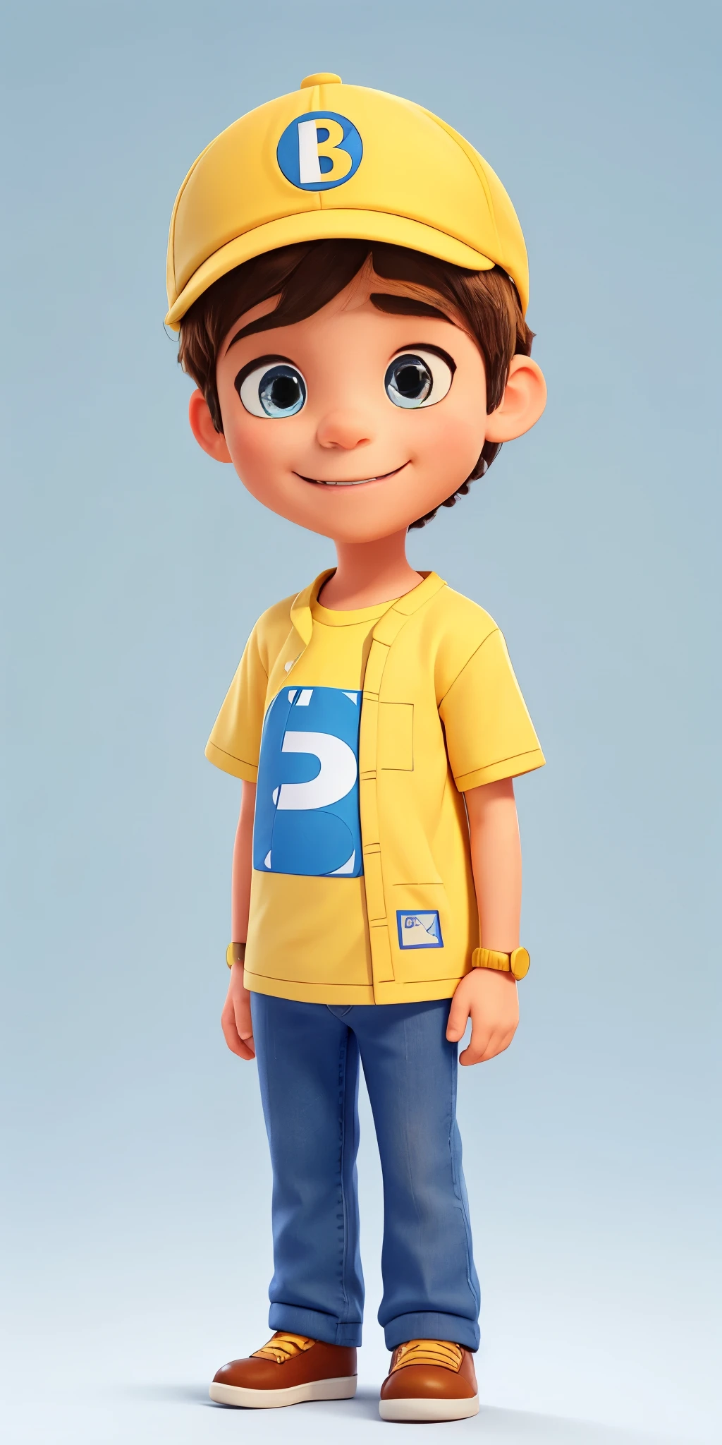 white background-create a smiling young boy with yellow and blue school uniform a cap in his head a letter B on the t-shirt, standing reading a storybook, in disney pixar style