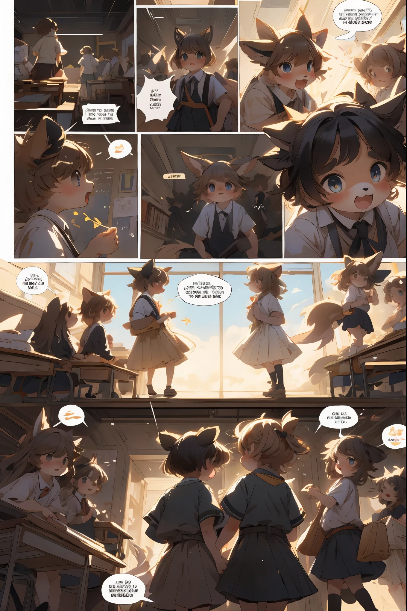 top quality, best quality, highres, masterpiece, super high resolution, detailed background, School, class, 6+boys, 6+girls, absurdres(highly detailed beautiful face and eyes)perfect anatomy, good lighting, cinematic shadow(kemono, furry anthro)assorted expressions, assorted poses, assorted angles, full body, upper shot, dynamic angle,(girls comic-like panel layouts, speech balloon, English text, Hand-drawn sound effects stickers used in girls comic),