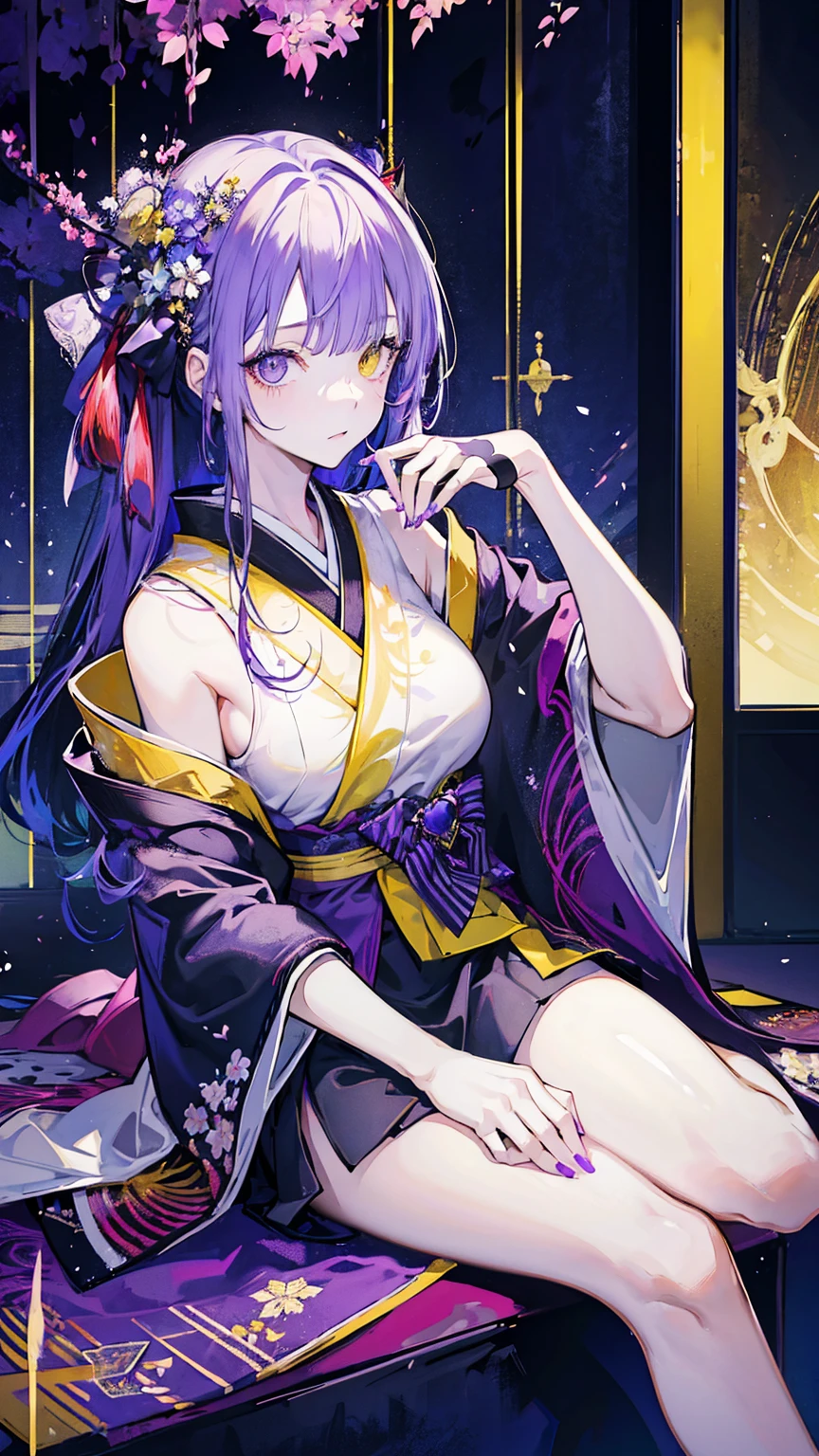 1girl,solo,female photo,Sitting on the floor,nail polish,(heterochromia,purple eye,yellow eye),big breasts,beautiful face, navy long hair,Japanese kimono,mysterious mood,in the Japanese room,best quality, high quality, masterpiece, HD,4K,8K
