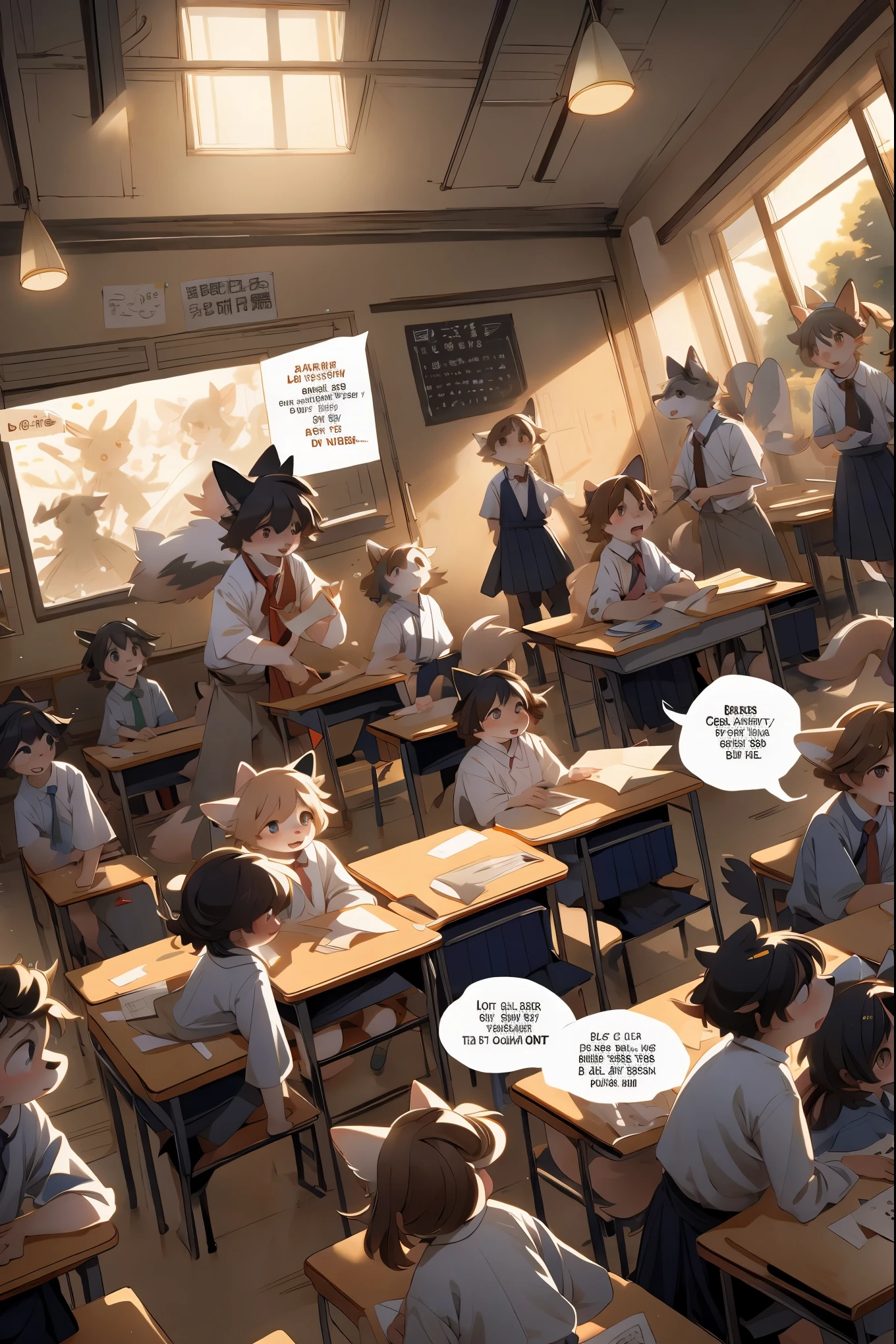 top quality, best quality, highres, masterpiece, super high resolution, detailed background, School, class, 6+boys, 6+girls, absurdres(highly detailed beautiful face and eyes)perfect ???????, good lighting, cinematic shadow(kemono, furry anthro)assorted expressions, assorted poses, assorted angles, full body, upper shot, dynamic angle,(girls comic-like panel layouts, speech balloon, English text, Hand-drawn sound effects stickers used in girls comic),