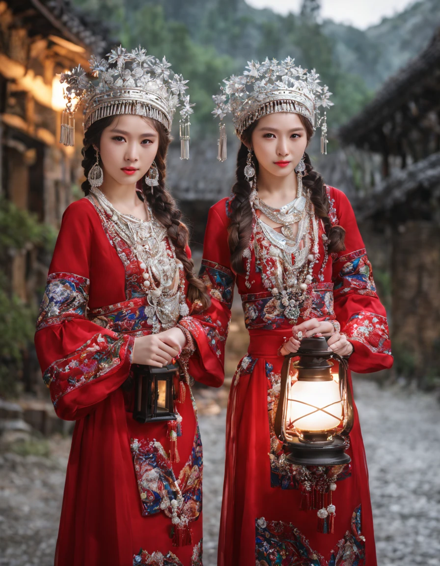 HDR,UHD,8K, best quality, masterpiece, absurdres,extremely detailed,
miaoyuansu, miao8, 2girls, multiple girls, black hair, jewelry, earrings, looking at viewer, traditional clothes, holding, lantern, realistic, crown, necklace, dress, hat, braid, outdoors, blurry background, wide sleeves, ring, beads, makeup, brown hair, long sleeves, facial mark, blurry, long hair, standing, bracelet, piercing, blonde hair, headdress, red dress, day, twin braids, cowboy shot, pearl necklace, mole, chinese clothes, hair ornament,
