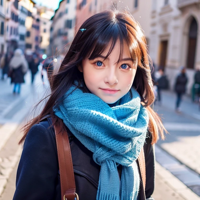 Beautiful, Chinese, Girl, cat walking, wearing coloured winter clothes, Rome, blue scarf, glowing eyes, blushing, wearing tights