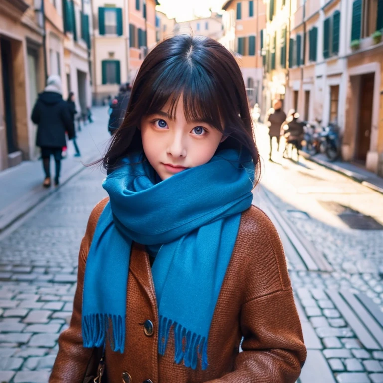 Beautiful, Chinese, Girl, cat walking, wearing coloured winter clothes, Rome, blue scarf, glowing eyes, blushing, wearing tights