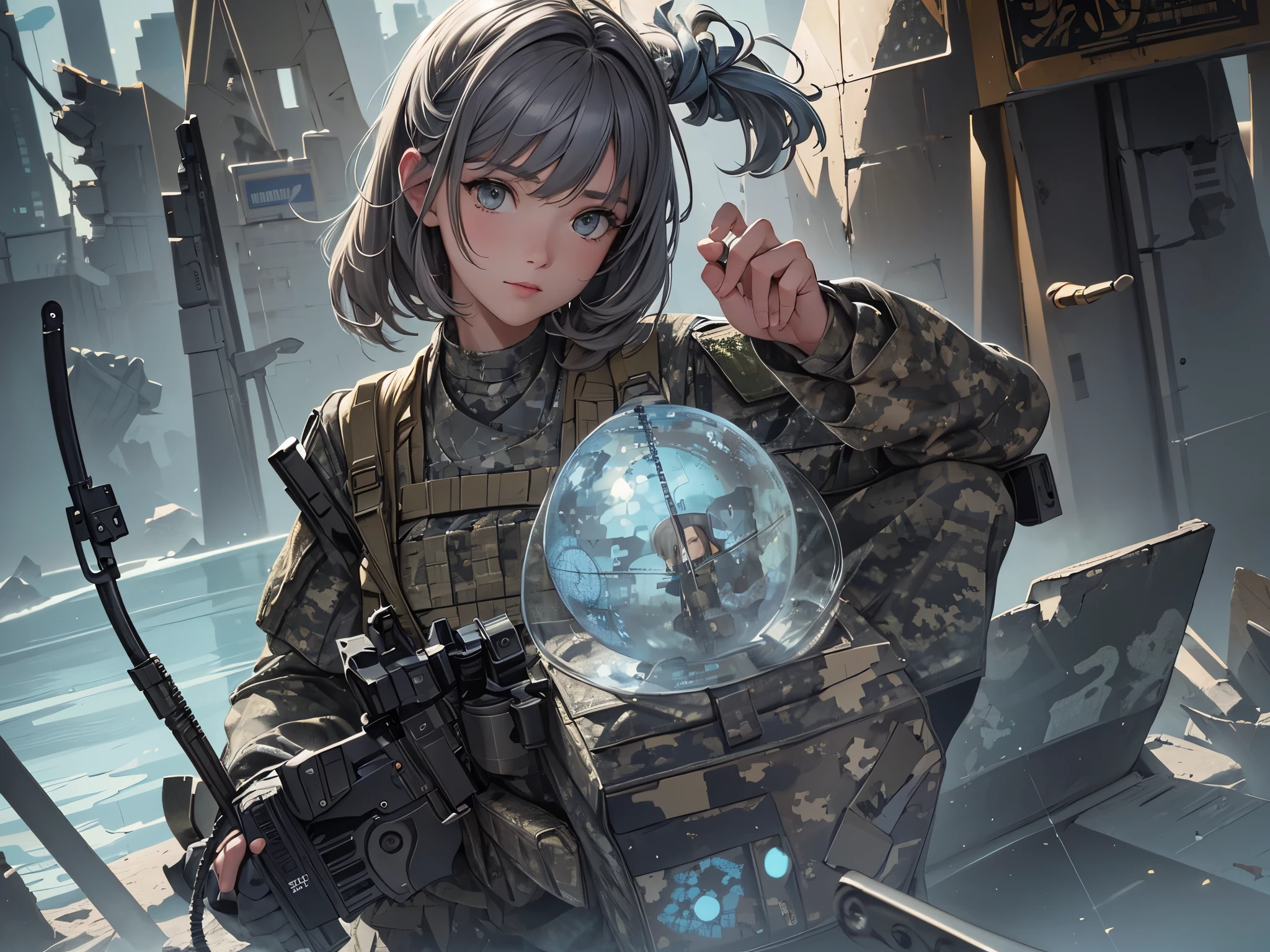 ((highest quality)),(ultra high resolution),(Super detailed),(detailed description),((best CG)),(best work of art),super precision art,great drawing art,(Art with precise details:1.5), (1 Female Soldier:1.5),(Camouflage clothing with gray and light blue dot patterns:1.6),beautiful and well-shaped face:1.5,A look that hides a strong will:1.6, Destroyed urban area:1.7,