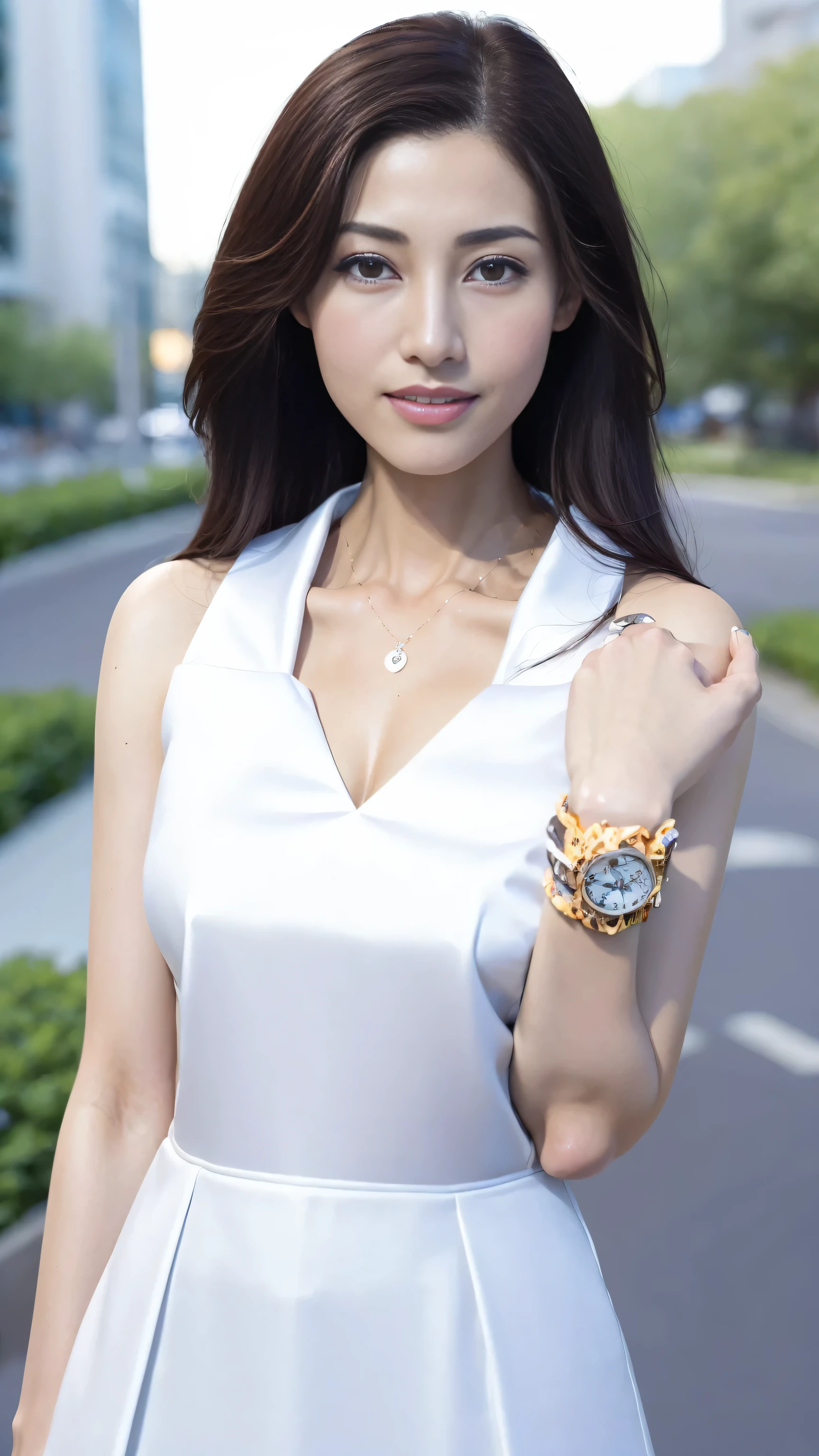 ((top quality、8k、​Masterpiece:1.3))、1 girl in、a smile、Full body female love、face slimming、beautiful woman、(dark brown hair)、Sunlight、Sexy white dress:1.1、exposed，Super detailed face、exquisite eyes、double eyelids、blurred background、face slimming、New York Manhattan、take out、a street、