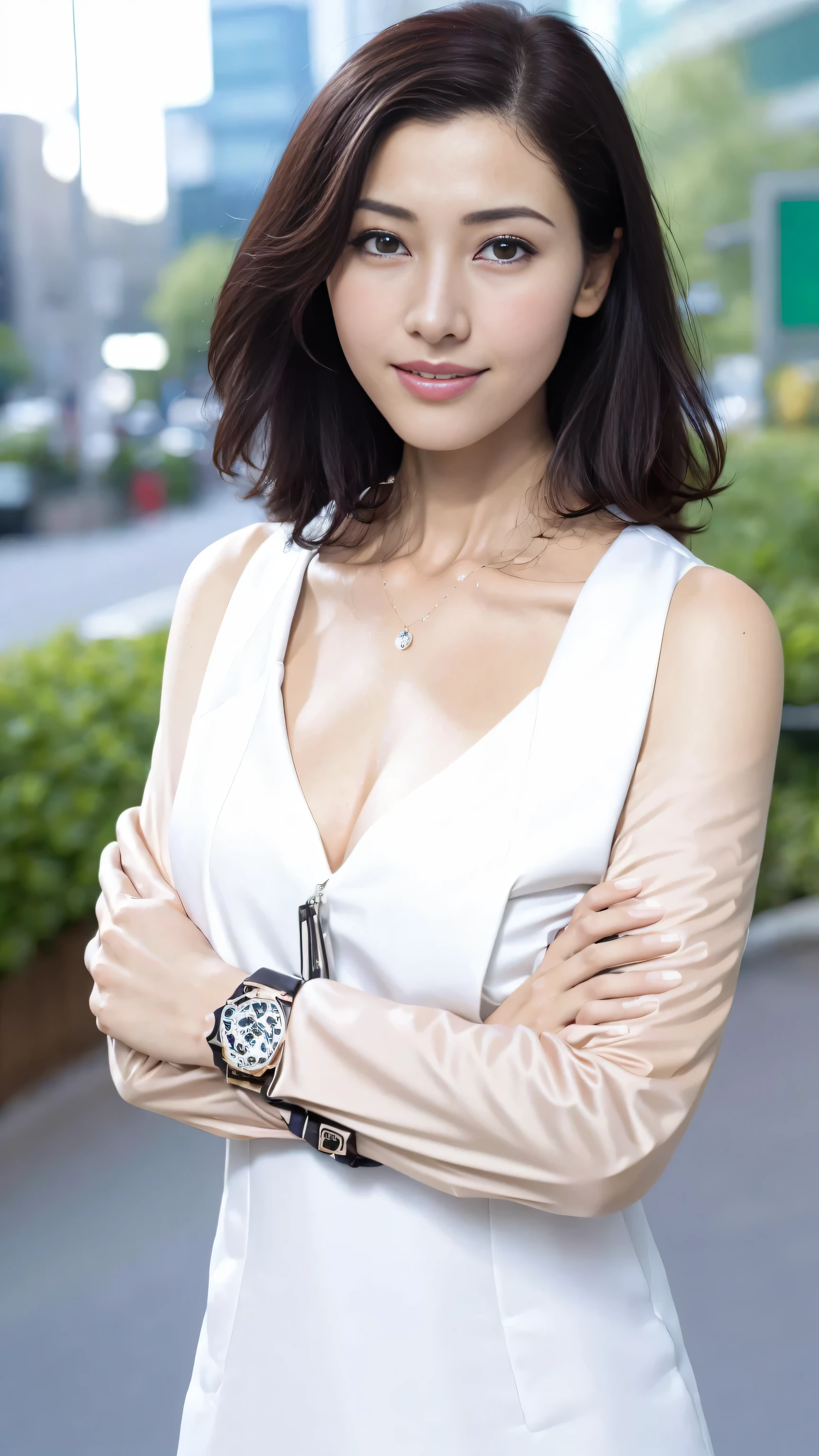 ((top quality、8k、Masterpiece:1.3))、1 girl in、a smile、Full body female love、face slimming、beautiful woman、(dark brown hair)、Sunlight、Sexy white dress:1.1、exposed,Super detailed face、exquisite eyes、double eyelids、blurred background、face slimming、New York Manhattan、take out、a street、