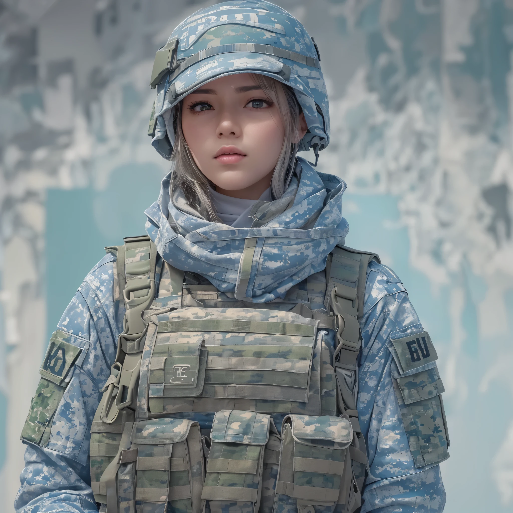 ((highest quality)),(ultra high resolution),(Super detailed),(detailed description),((best CG)),(best work of art),super precision art,great drawing art,(Art with precise details:1.5), (1 Female Soldier:1.5),(Camouflage clothing with gray and light blue dot patterns:1.6),beautiful and well-shaped face:1.5,A look that hides a strong will:1.6, Destroyed urban area:1.7,