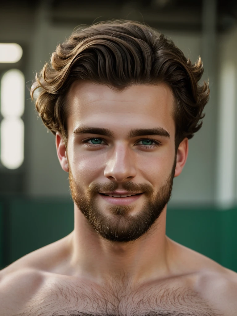 Hyperdetailed photography, soft light, portrait, cover, topmodel, hiperrealism, perfect face, pale skin, boy, curly short Brown hair, green eyes, sexy, smiling, 24 years old, Big Lips, Athletic body, little beard, hairy, masculinity, sexual, gay porn actor, perfect body