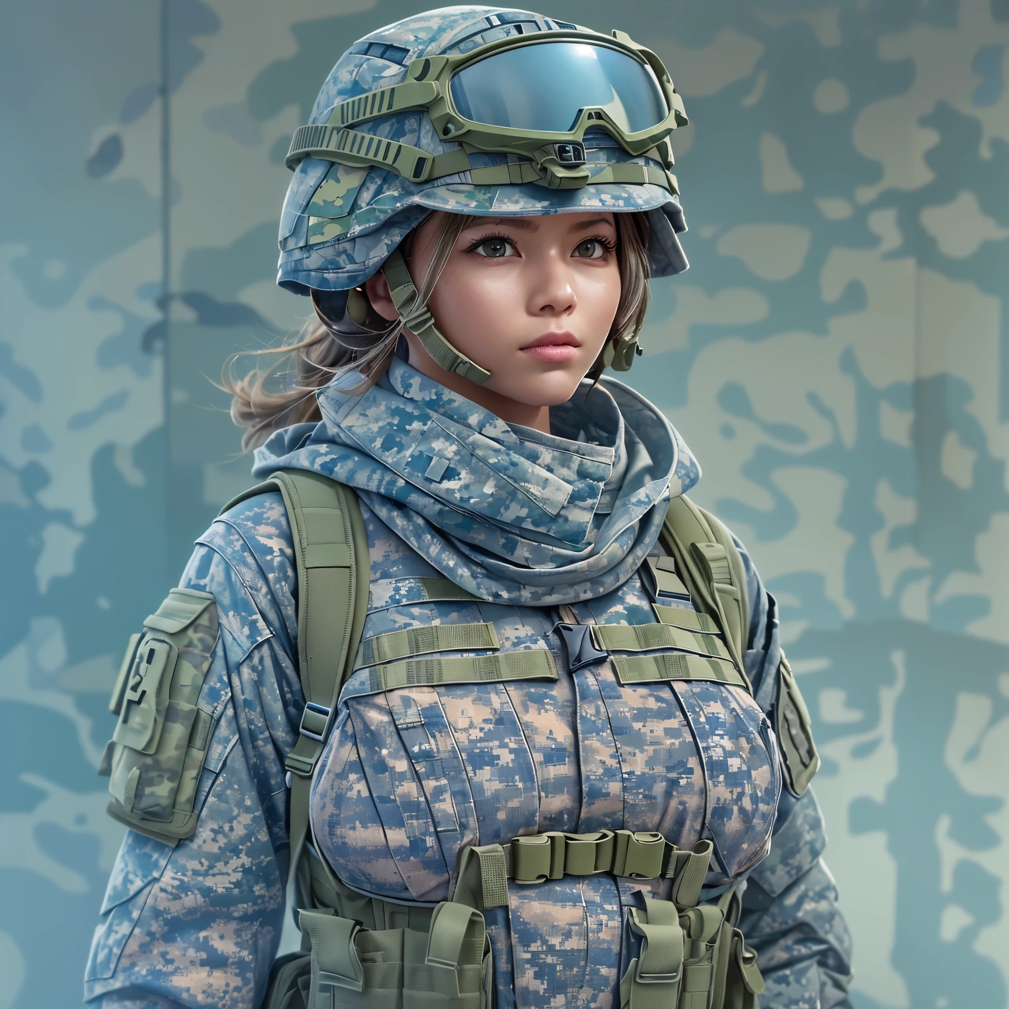 ((highest quality)),(ultra high resolution),(Super detailed),(detailed description),((best CG)),(best work of art),super precision art,great drawing art,(Art with precise details:1.5), (1 Female Soldier:1.5),(Camouflage clothing with gray and light blue dot patterns:1.6),beautiful and well-shaped face:1.5,A look that hides a strong will:1.6, Destroyed urban area:1.7, Combat vehicles:1.8