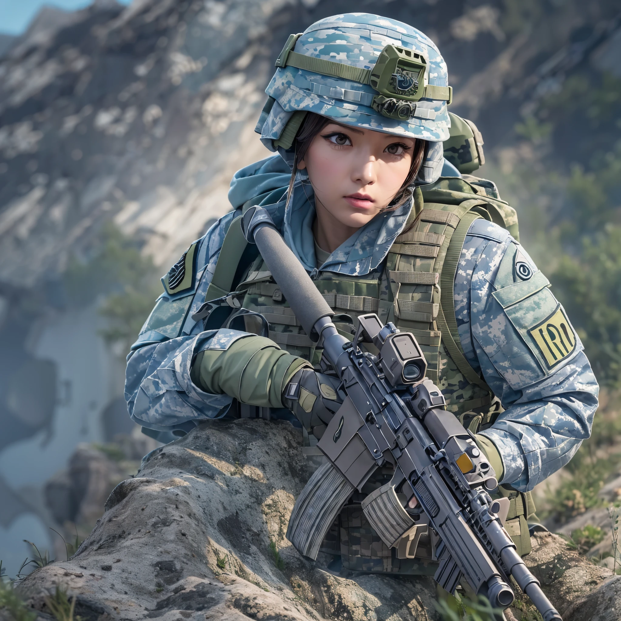 ((highest quality)),(ultra high resolution),(Super detailed),(detailed description),((best CG)),(best work of art),super precision art,great drawing art,(Art with precise details:1.5), (1 Female Soldier:1.5),(Camouflage clothing with gray and light blue dot patterns:1.6),beautiful and well-shaped face:1.5,A look that hides a strong will:1.6, Destroyed urban area:1.7, Combat vehicles:1.8