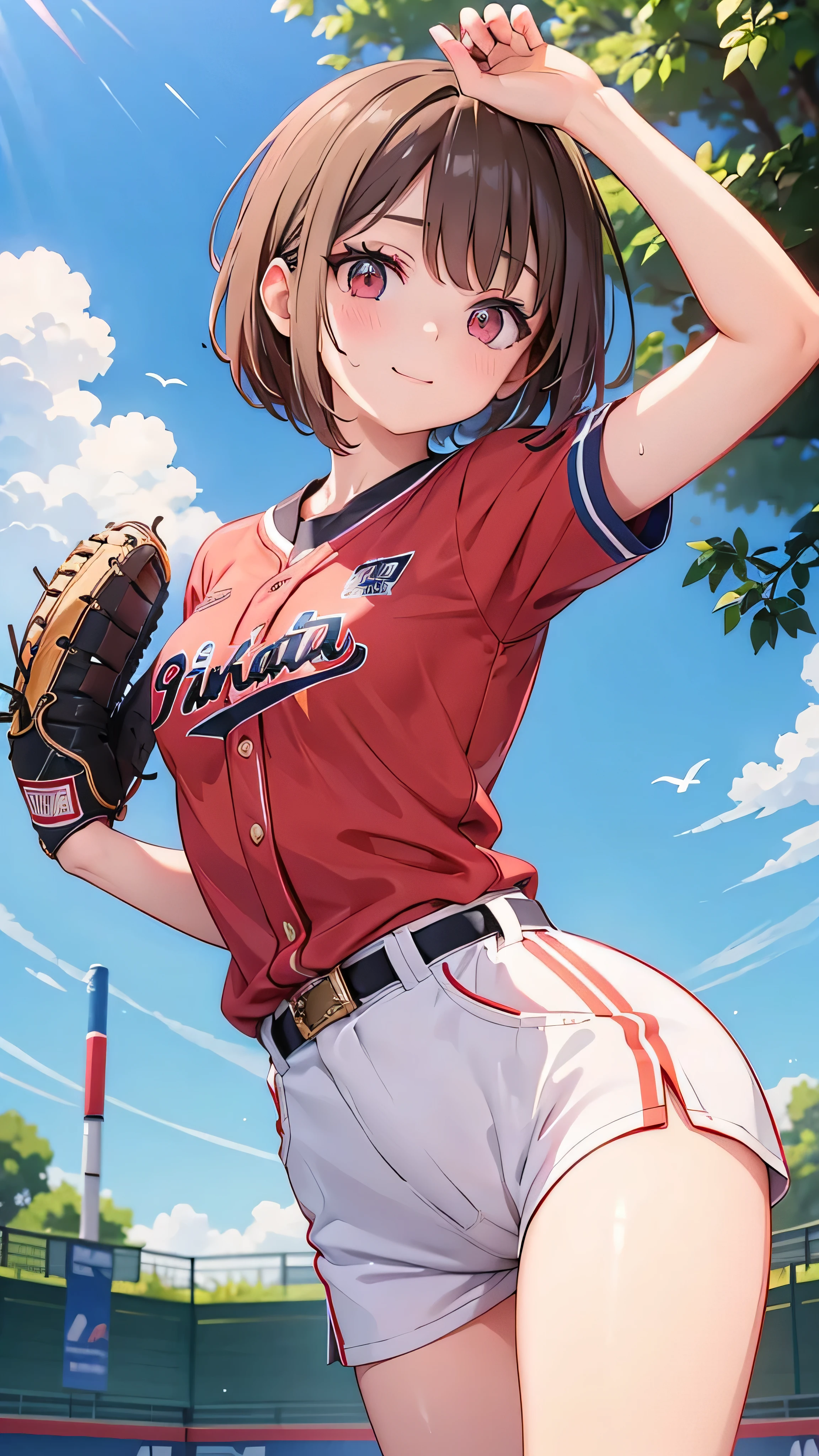 pretty girl,,height: 154cm,boyish,small breasts,stylish,baseball uniform,（Baseball in the left hand）,Pitching form,Throwing baseball,Sweat,I&#39;野球場にいるI,（long bob）,(greenish brown hair),(slanted eyes),(dark red eyes),from below,looking at the viewer,anime style,masterpiece, very detailed and beautiful,Japanese,gravure,enchanting smile