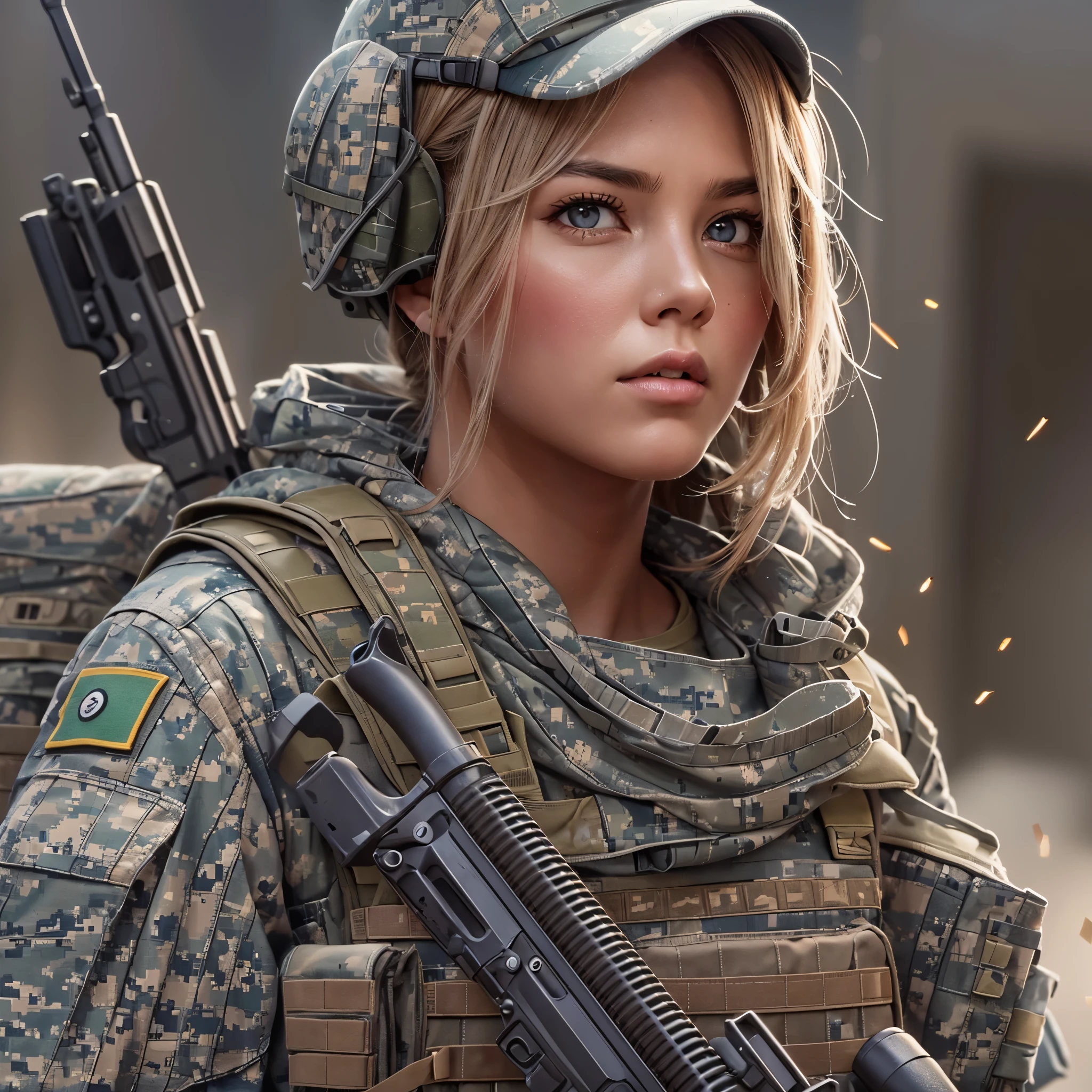 ((highest quality)),(ultra high resolution),(Super detailed),(detailed description),((best CG)),(best work of art),super precision art,great drawing art,(Art with precise details:1.5), (1 Female Soldier:1.5),dot pattern camouflage clothing:1.6,beautiful and well-shaped face:1.5,A look that hides a strong will:1.6, Destroyed urban area:1.7, Combat vehicles:1.8