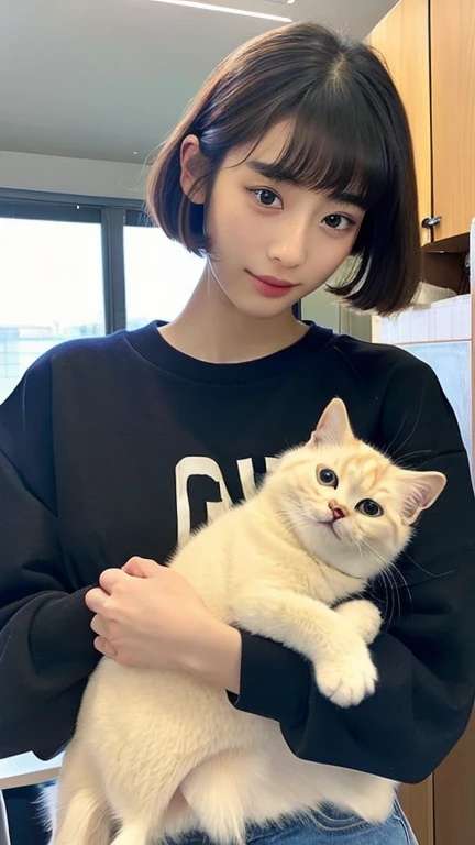 A face like Suzu Hirose、Holding a kitten、wearing oversized sweatshirts、hair tied up